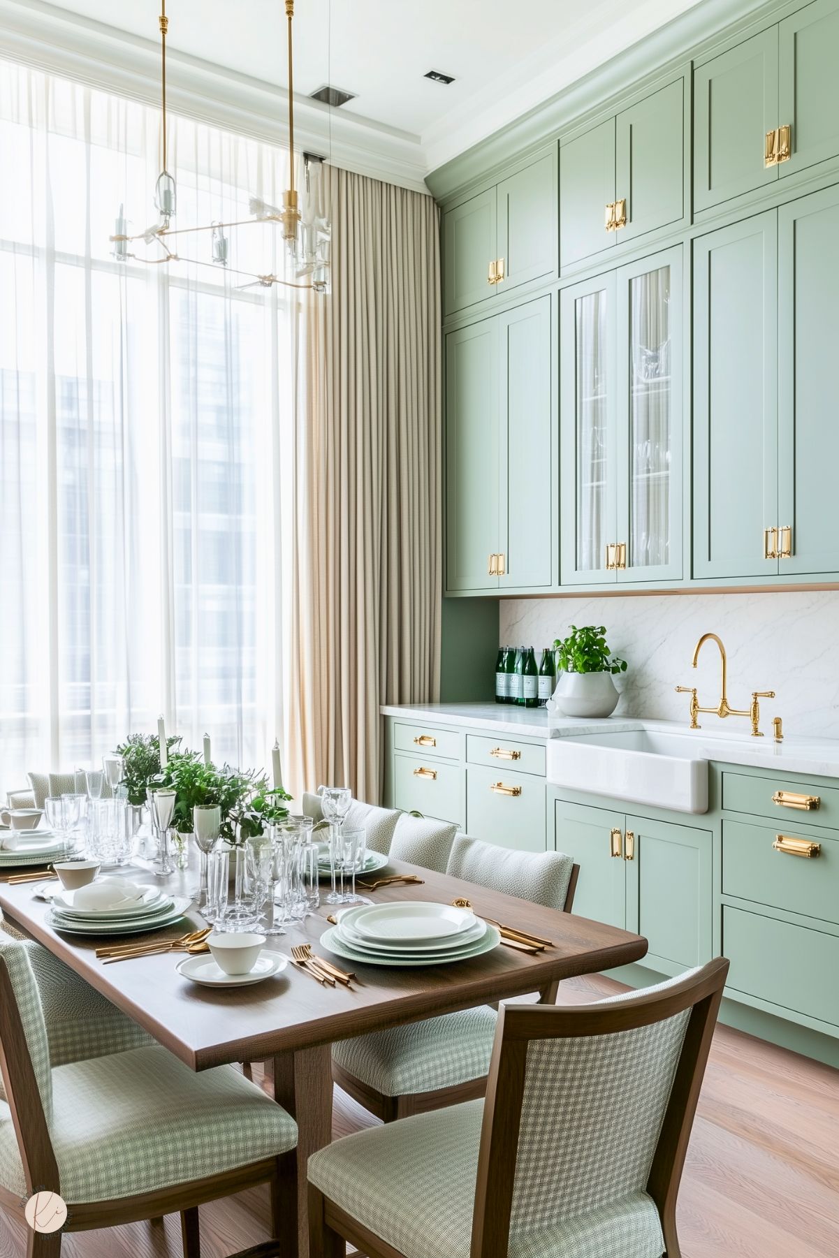 A modern yet homey kitchen with sage green cabinetry accented by gold hardware. A large dining table is elegantly set with fine dishware, crystal glassware, and greenery as a centerpiece. Natural light pours in through floor-to-ceiling curtains, complementing the soft tones and bright marble countertops. A farmhouse sink with gold fixtures adds a timeless touch to the space.