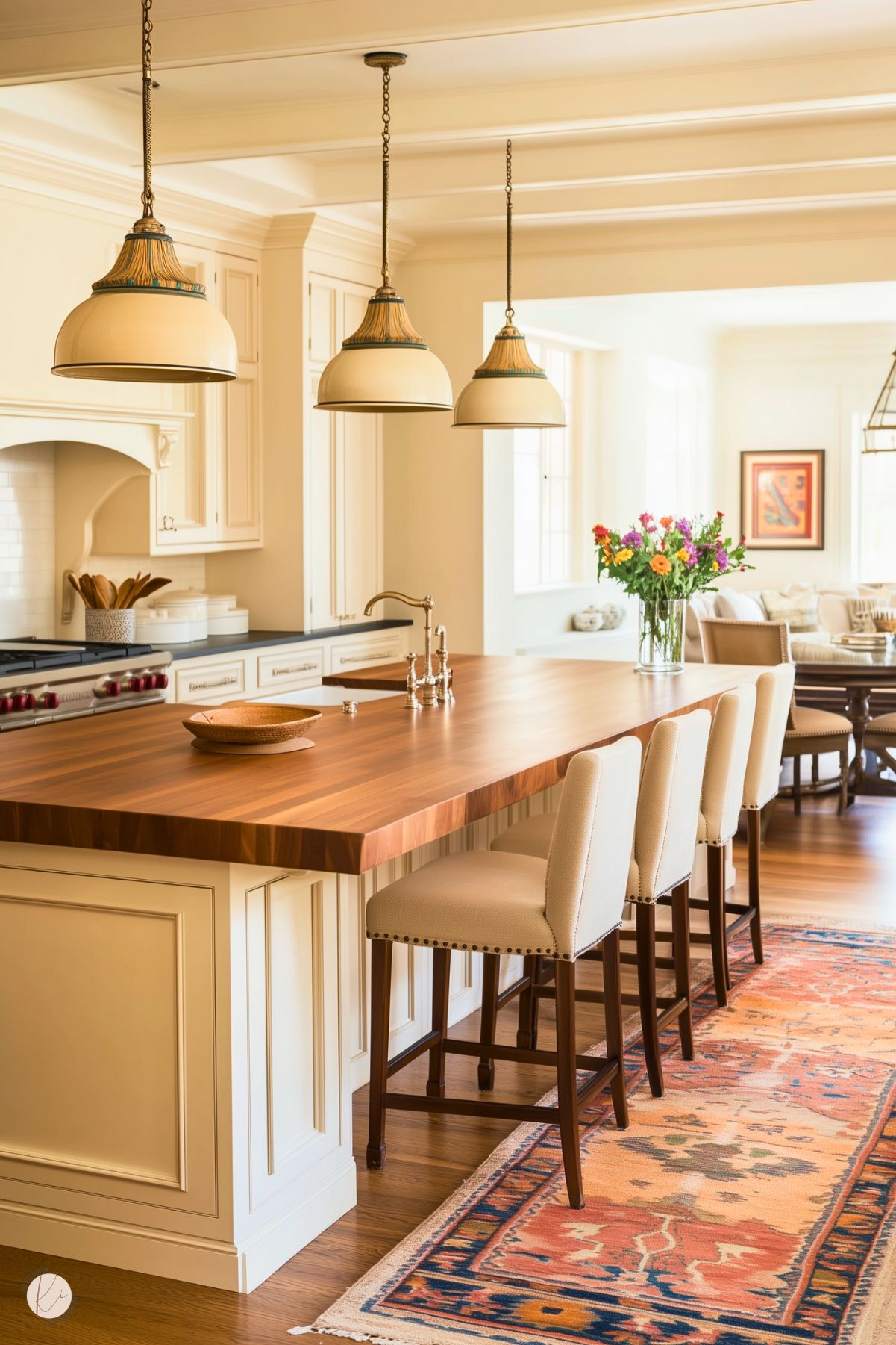 A bright and cozy kitchen featuring a large wooden island with elegant beige barstools, pendant lights with warm-toned accents, and cream cabinetry. A vibrant Persian rug adds color and texture, while a vase of fresh flowers brings life to the space. The open layout and natural light create an inviting and airy atmosphere.