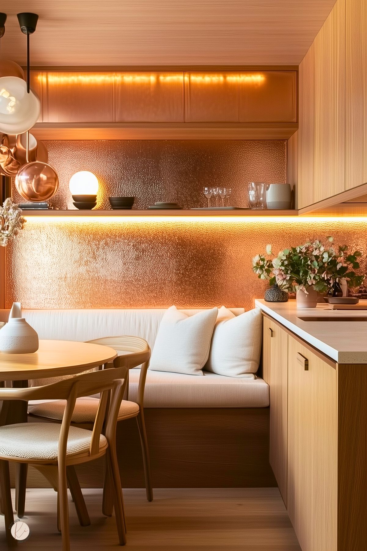 A cozy, modern kitchen nook featuring warm wood tones and a metallic copper backsplash illuminated by soft under-cabinet lighting. A built-in bench with plush white cushions wraps around a round wooden table, surrounded by matching chairs. Elegant decor like fresh flowers and ambient lighting enhances the inviting and stylish atmosphere.