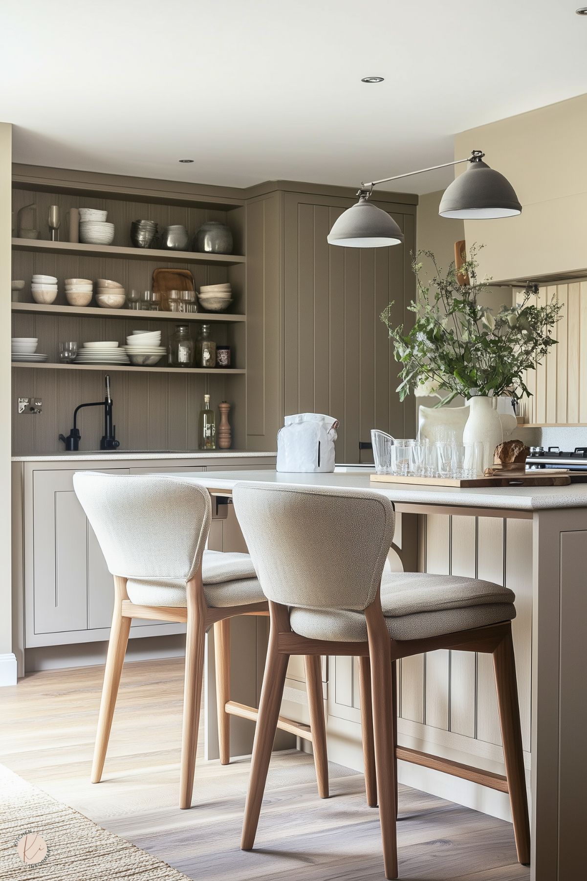 A cozy, minimalist kitchen with muted taupe cabinetry, open shelving displaying neutral-toned dishes, and a sleek kitchen island. Soft, upholstered barstools complement the light wood flooring, while fresh greenery in a white pitcher adds natural charm. Oversized pendant lights provide a stylish and functional touch, enhancing the serene and inviting atmosphere.