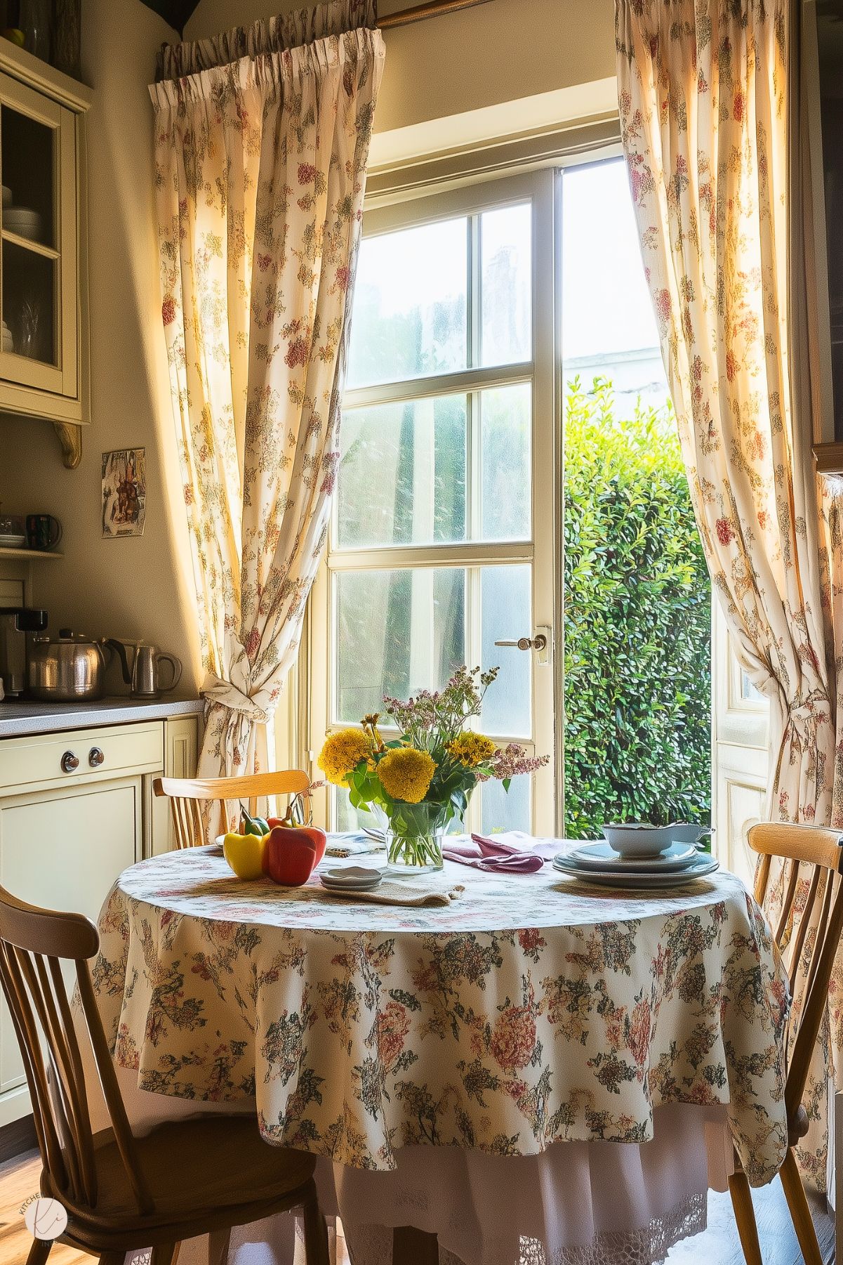 A cozy kitchen with vintage charm featuring floral curtains framing a glass door that opens to greenery outside. A round table covered with a matching floral tablecloth is set with fresh flowers, plates, and colorful bell peppers. Warm natural light fills the space, highlighting the inviting atmosphere.