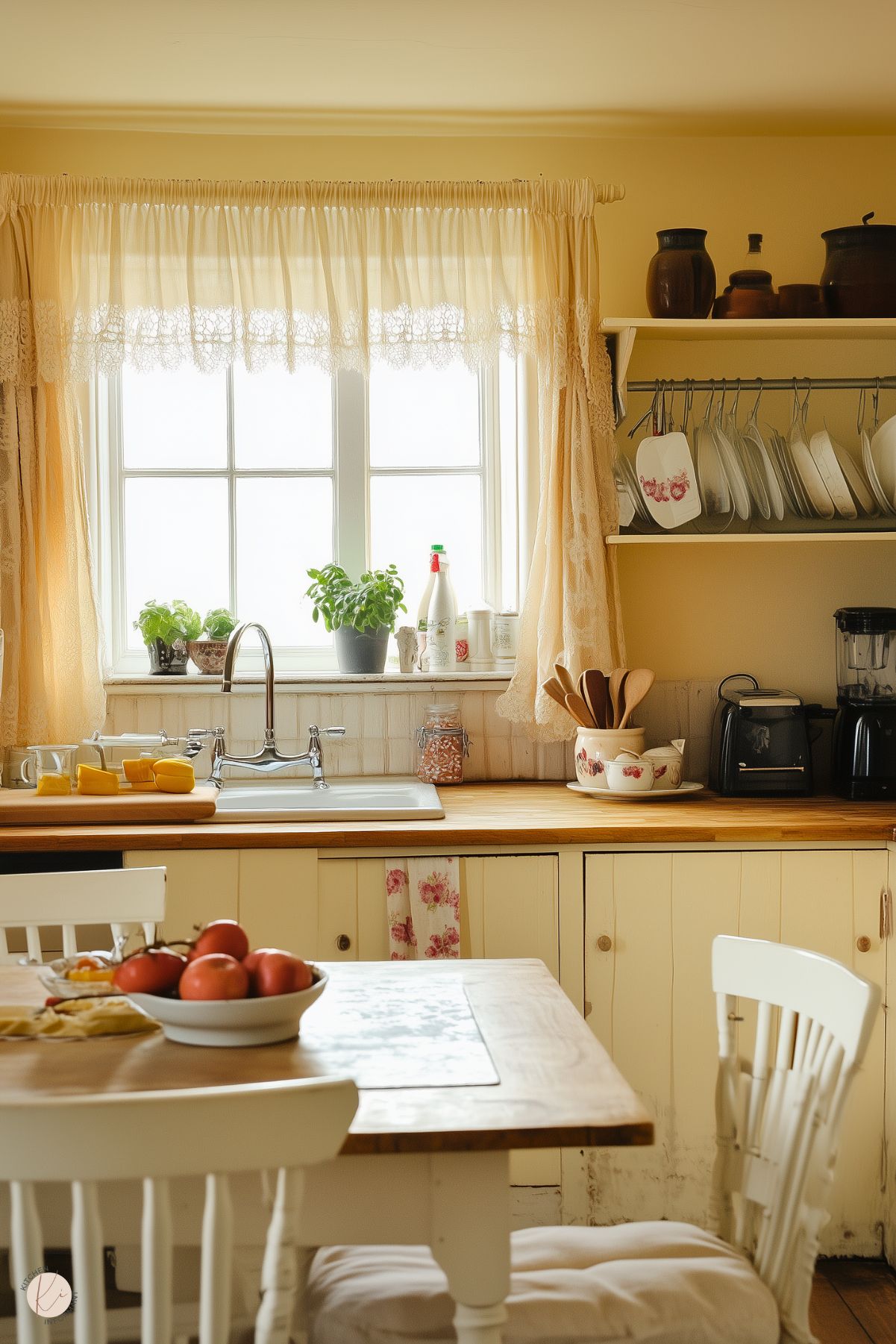 A charming kitchen with soft yellow walls, a lace curtain over the window, and open shelves displaying plates and rustic pottery. The wooden countertop holds fresh herbs, utensils, and kitchen essentials, while a farmhouse-style sink adds vintage charm. A cozy dining area with white chairs and a wooden table set with fruit and bread completes the warm, inviting atmosphere.