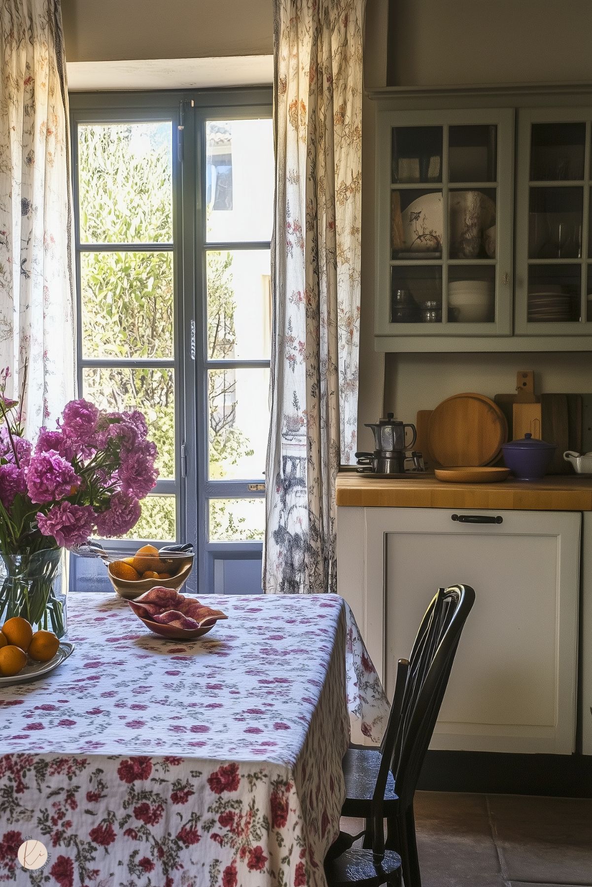 A cozy kitchen corner with a floral tablecloth, vibrant pink peonies in a vase, and bowls of fresh fruit. Soft patterned curtains frame the glass door, letting natural light pour in. A wooden countertop holds rustic kitchenware, while sage green cabinets with glass doors add charm to the inviting space.