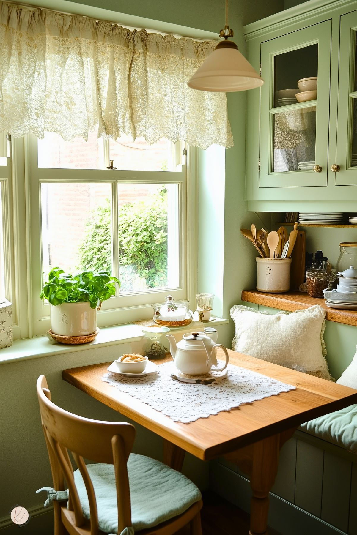 A cozy breakfast nook with soft green cabinetry, a wooden table, and a cushioned bench adorned with pillows. A lace curtain filters natural light through the window, where a potted basil plant sits on the sill. The table is set with a teapot, cups, and a small snack, creating a warm and inviting corner perfect for tea time.