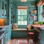 A cozy, moody kitchen with deep teal cabinetry, a built-in window bench with patterned cushions, and open shelves filled with colorful books. A large window lets in natural light, complementing the wooden countertops and warm brass accents. A vibrant Persian rug adds texture and color, enhancing the inviting and cozy atmosphere.