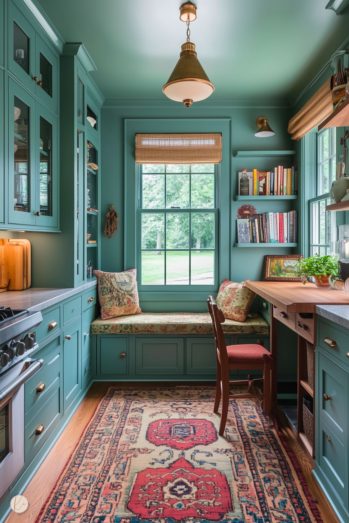 A cozy, moody kitchen with deep teal cabinetry, a built-in window bench with patterned cushions, and open shelves filled with colorful books. A large window lets in natural light, complementing the wooden countertops and warm brass accents. A vibrant Persian rug adds texture and color, enhancing the inviting and cozy atmosphere.