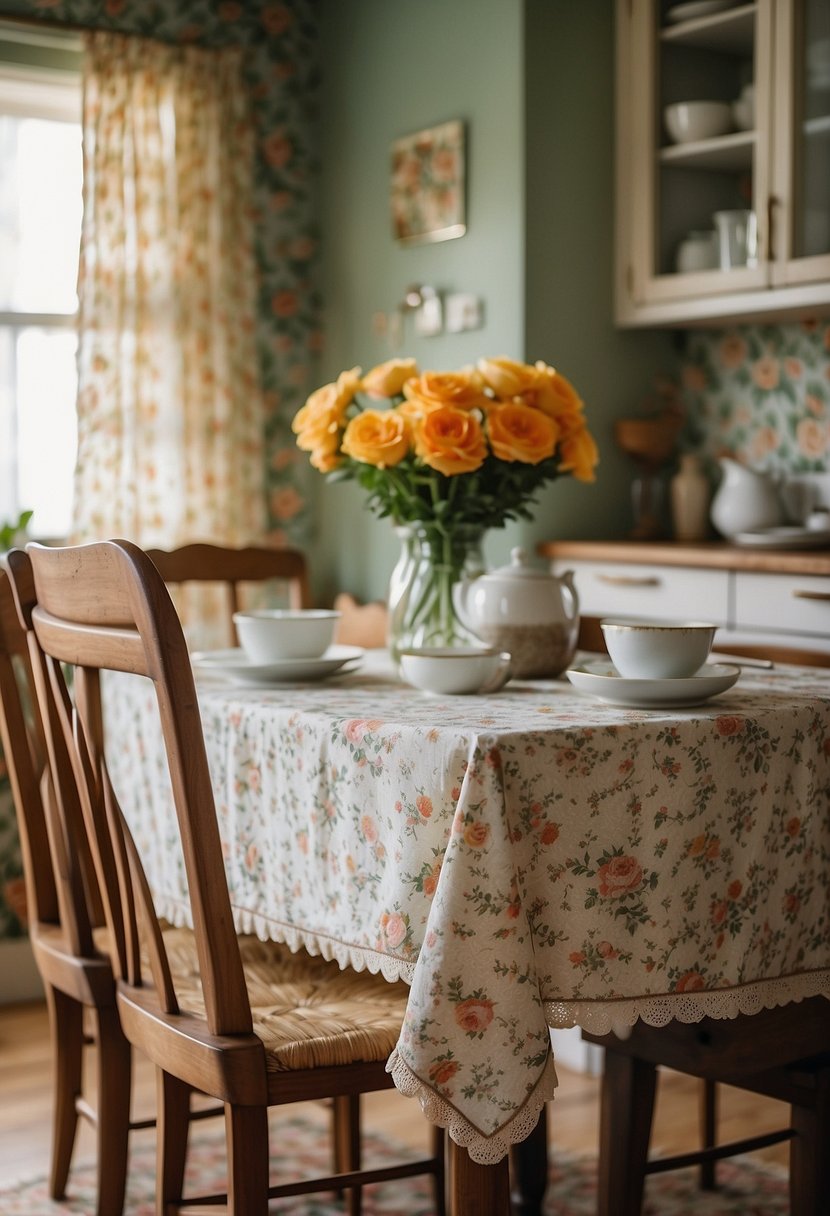 A cozy kitchen with floral wallpaper, ruffled curtains, and vintage-inspired table linens. A mix of patterns and textures create a charming, grandmillennial atmosphere