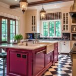 A traditional kitchen with a vibrant burgundy island featuring detailed paneling, a white countertop, and a farmhouse sink. The black-and-white checkered flooring contrasts with the cream cabinetry and plaid window treatment. Two ornate pendant lights hang over the island, adding warmth to the space. Large windows and French doors bring in natural light, enhancing the cozy yet elegant atmosphere.