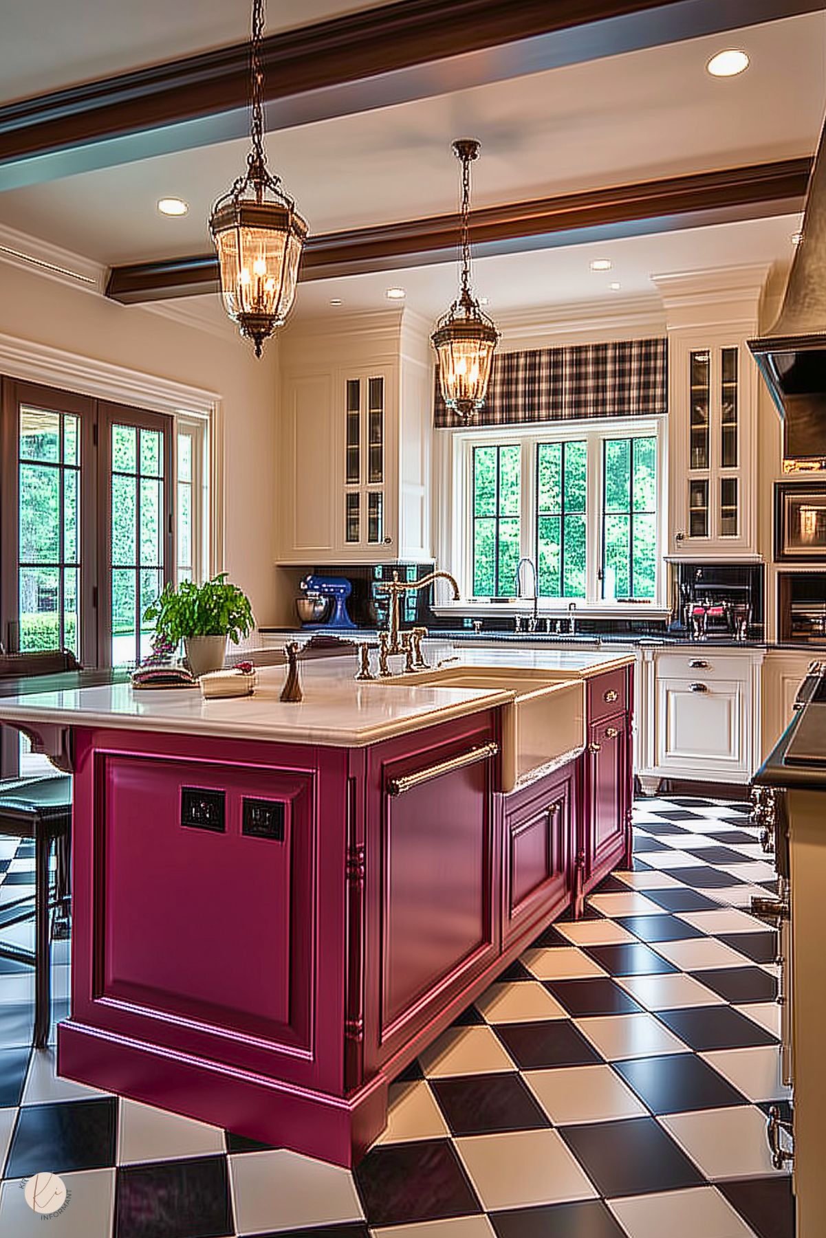 A traditional kitchen with a vibrant burgundy island featuring detailed paneling, a white countertop, and a farmhouse sink. The black-and-white checkered flooring contrasts with the cream cabinetry and plaid window treatment. Two ornate pendant lights hang over the island, adding warmth to the space. Large windows and French doors bring in natural light, enhancing the cozy yet elegant atmosphere.