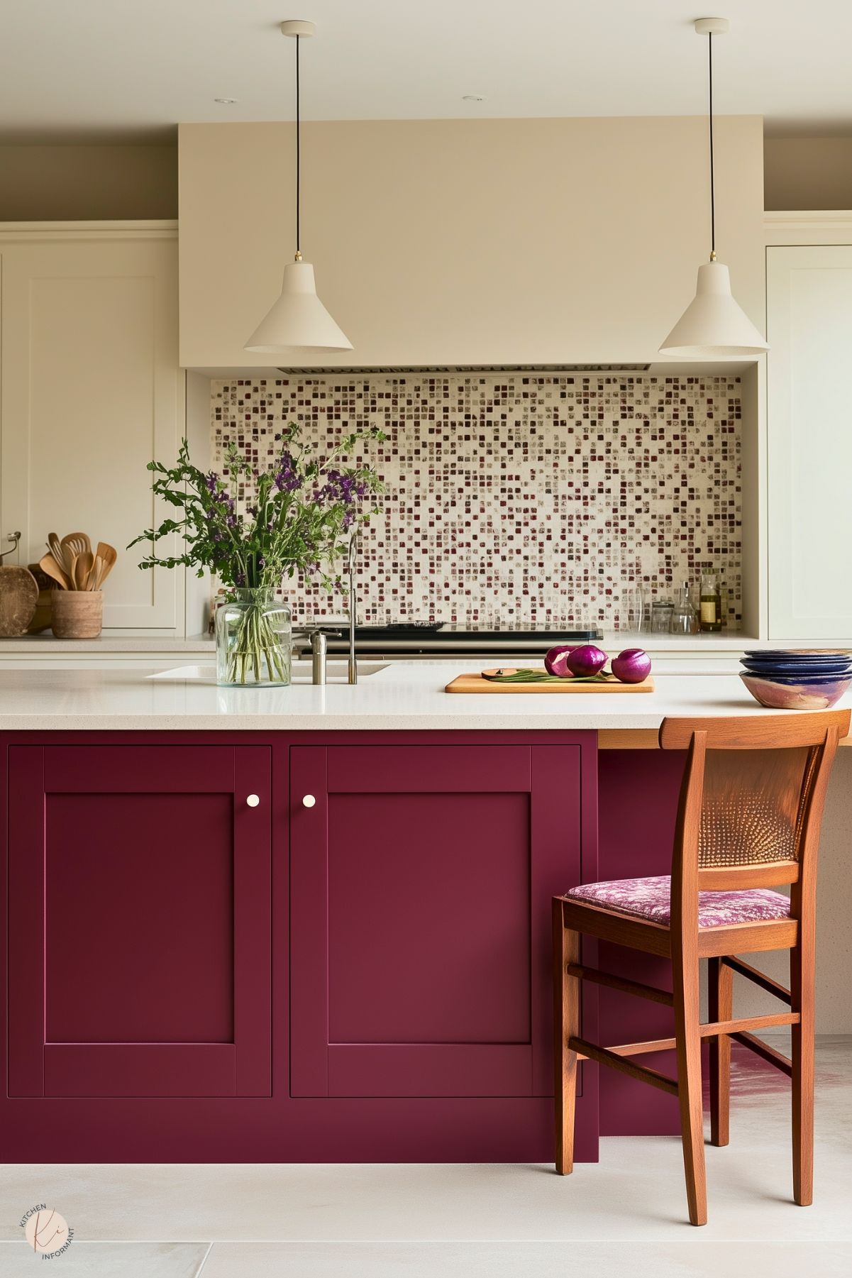 A modern kitchen with a deep burgundy island featuring a white countertop and simple cabinetry. The backsplash displays a mosaic of cream and burgundy tiles, adding texture and color. Two minimalist pendant lights hang above the island, enhancing the clean design. A wooden chair with a patterned cushion and a vase of fresh greenery bring warmth and a touch of personality to the space.