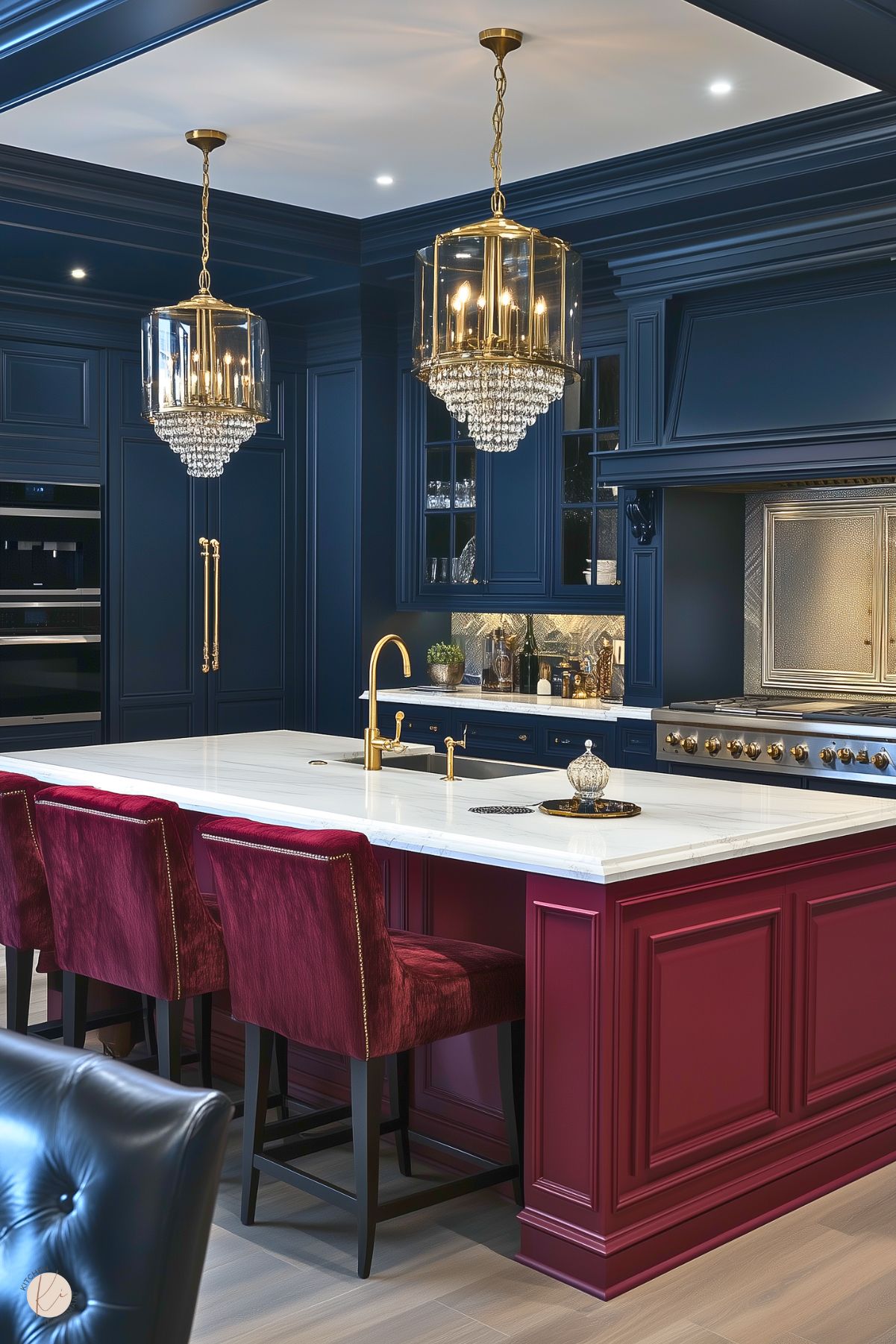 A luxurious kitchen with a bold burgundy island featuring detailed paneling, a white marble countertop, and a gold faucet. The surrounding navy blue cabinetry and walls create a rich, dramatic atmosphere, accented by gold hardware and a statement range. Velvet burgundy bar stools with studded detailing enhance the opulent design. Two ornate chandeliers with crystal details and brass frames add a touch of elegance and glamour to the space.