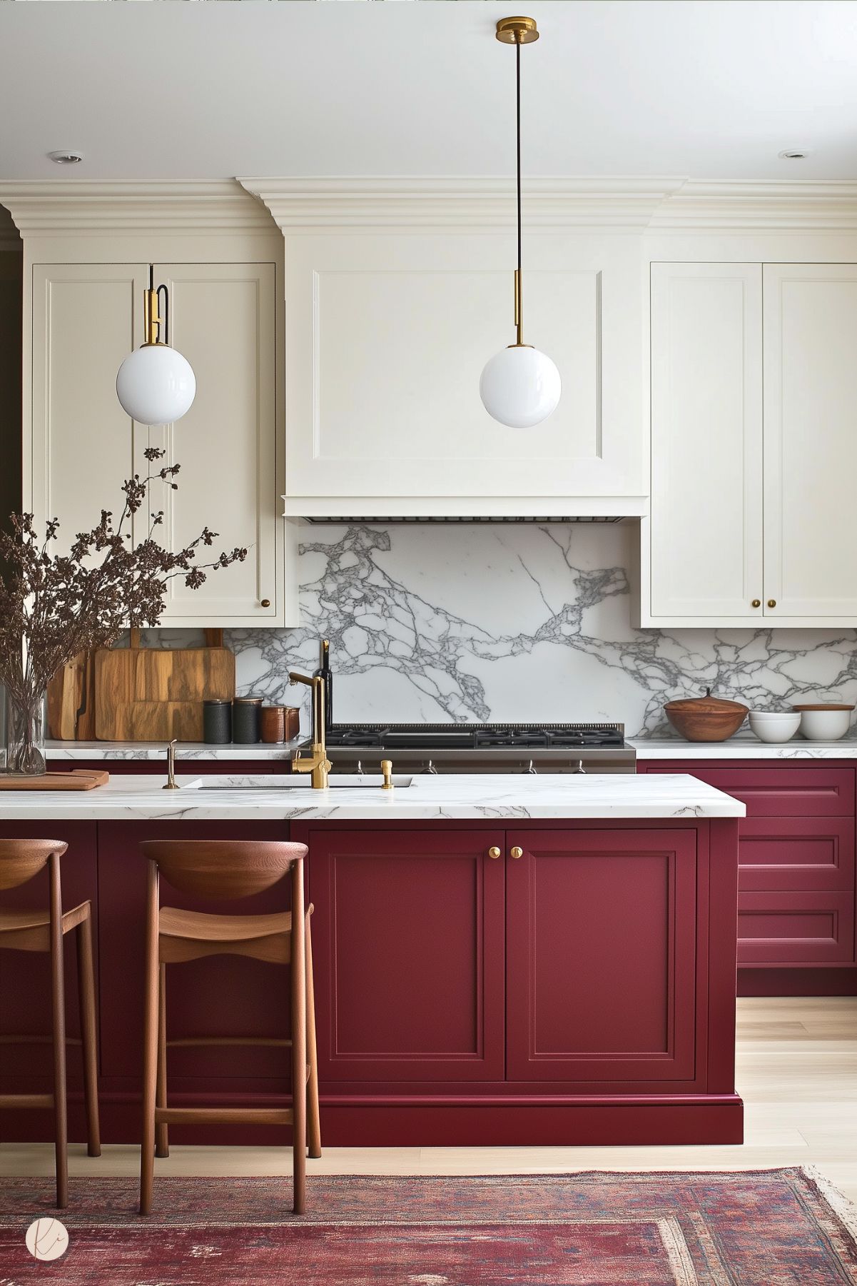 A sophisticated kitchen featuring a deep burgundy island with a white marble countertop and brass hardware. The island is complemented by warm wooden bar stools and gold fixtures. The backdrop showcases cream cabinetry and a dramatic marble backsplash. Two globe pendant lights with brass accents hang above, adding an elegant touch. A vintage-style rug enhances the warm, inviting aesthetic of the space.