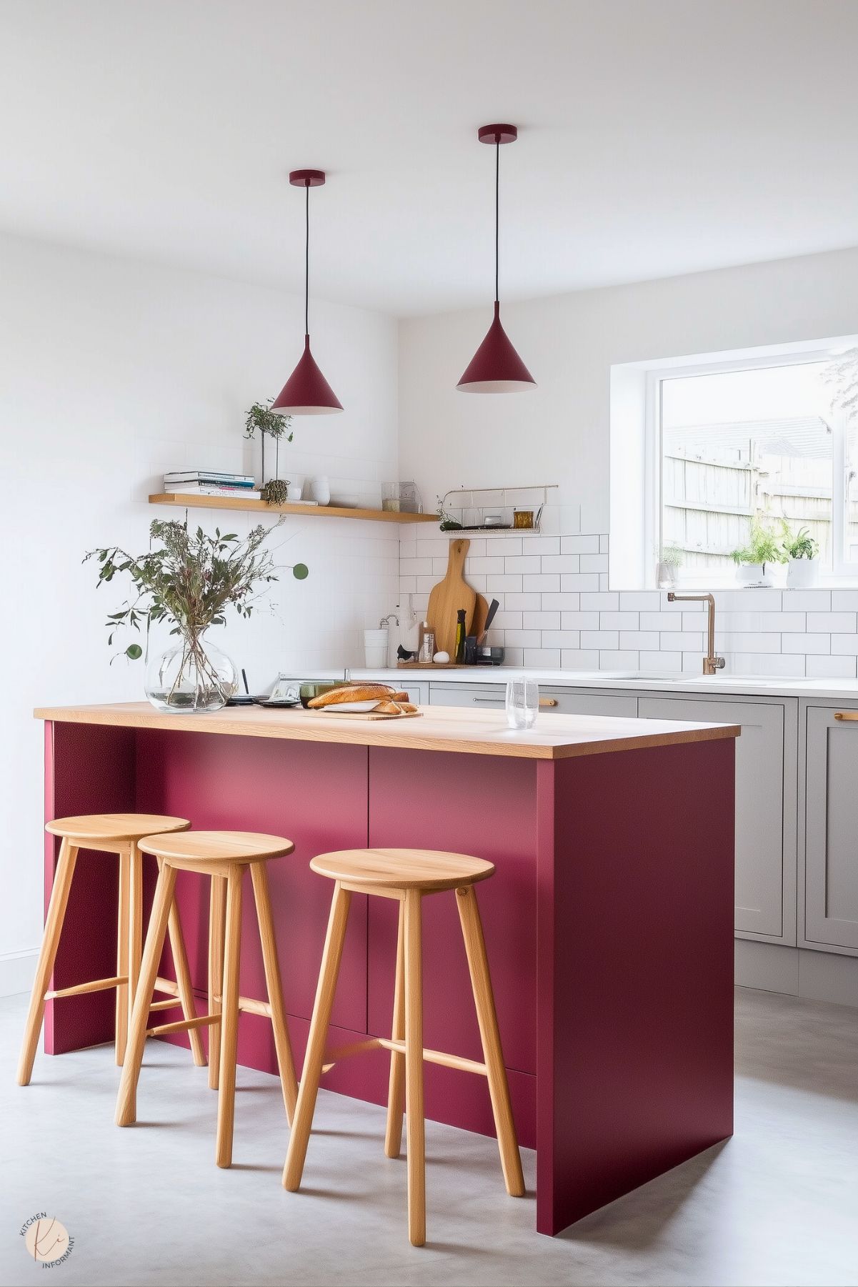 A minimalist kitchen with a sleek burgundy island featuring a light wood countertop and matching wooden stools. The space is bright and airy, with white walls, a subway tile backsplash, and a large window letting in natural light. Two burgundy pendant lights above the island add a cohesive touch. Open shelving and simple decor, including a vase with greenery, enhance the clean and modern aesthetic.