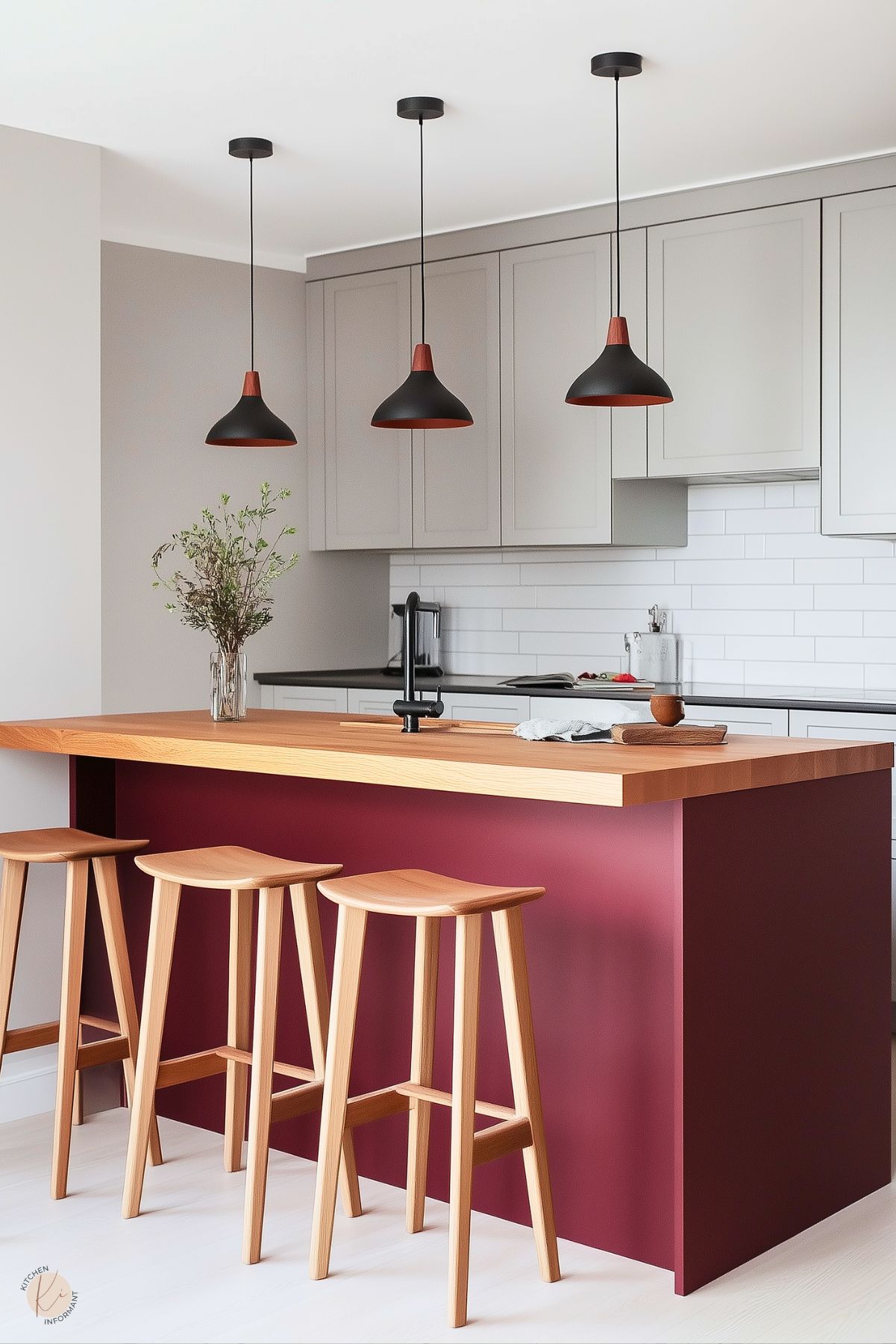 A modern kitchen featuring a burgundy island with a natural wood countertop and matching wooden stools. The minimalist design is complemented by soft gray cabinetry, a white subway tile backsplash, and black fixtures. Three black pendant lights with warm red interiors hang above the island, adding a touch of contrast and elegance. A simple vase with greenery enhances the clean, understated aesthetic of the space.