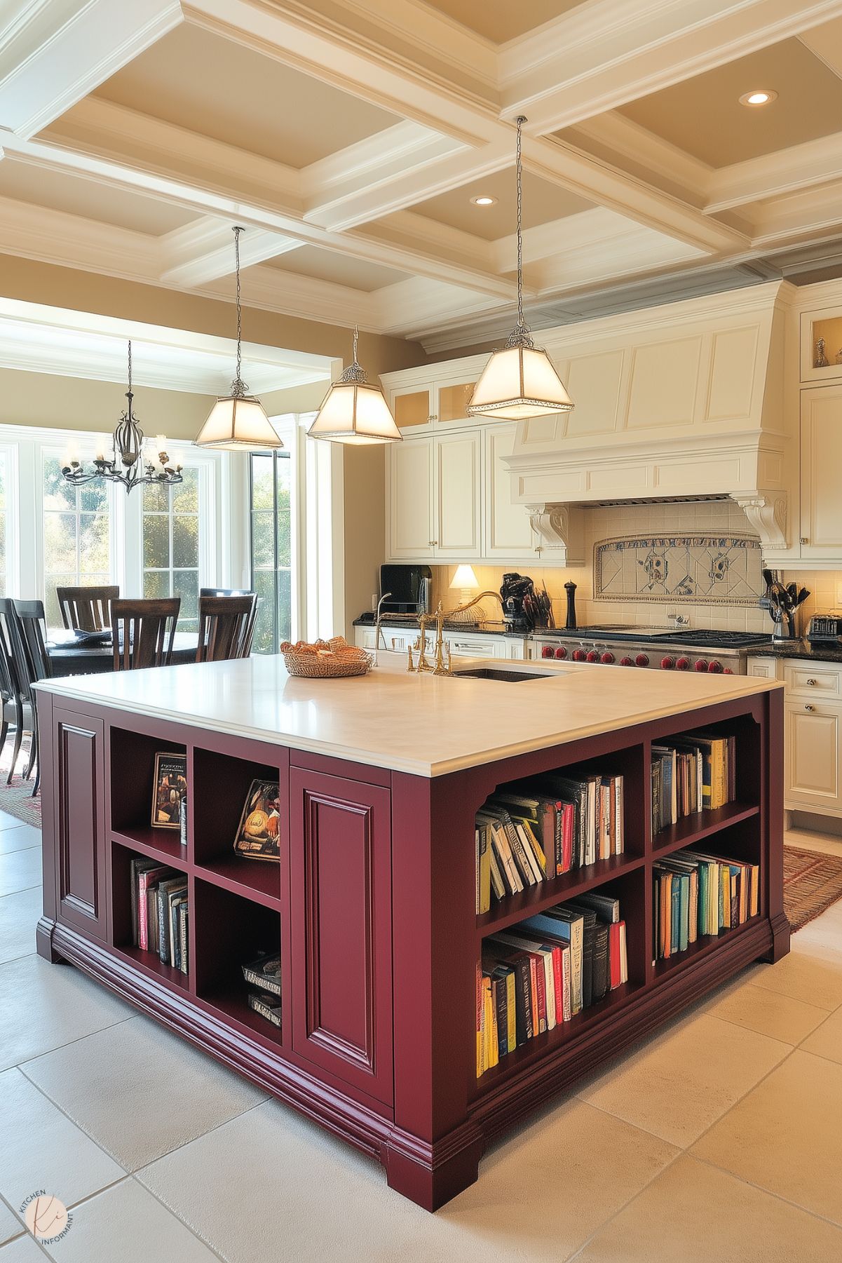 A spacious kitchen with a burgundy island featuring built-in bookshelves, a cream countertop, and brass fixtures. The coffered ceiling adds a touch of elegance, with pendant lights hanging above the island. Cream cabinetry and a decorative range hood frame the space, complemented by a tiled backsplash. Large windows brighten the dining area, creating a warm and inviting atmosphere ideal for cooking and gathering.