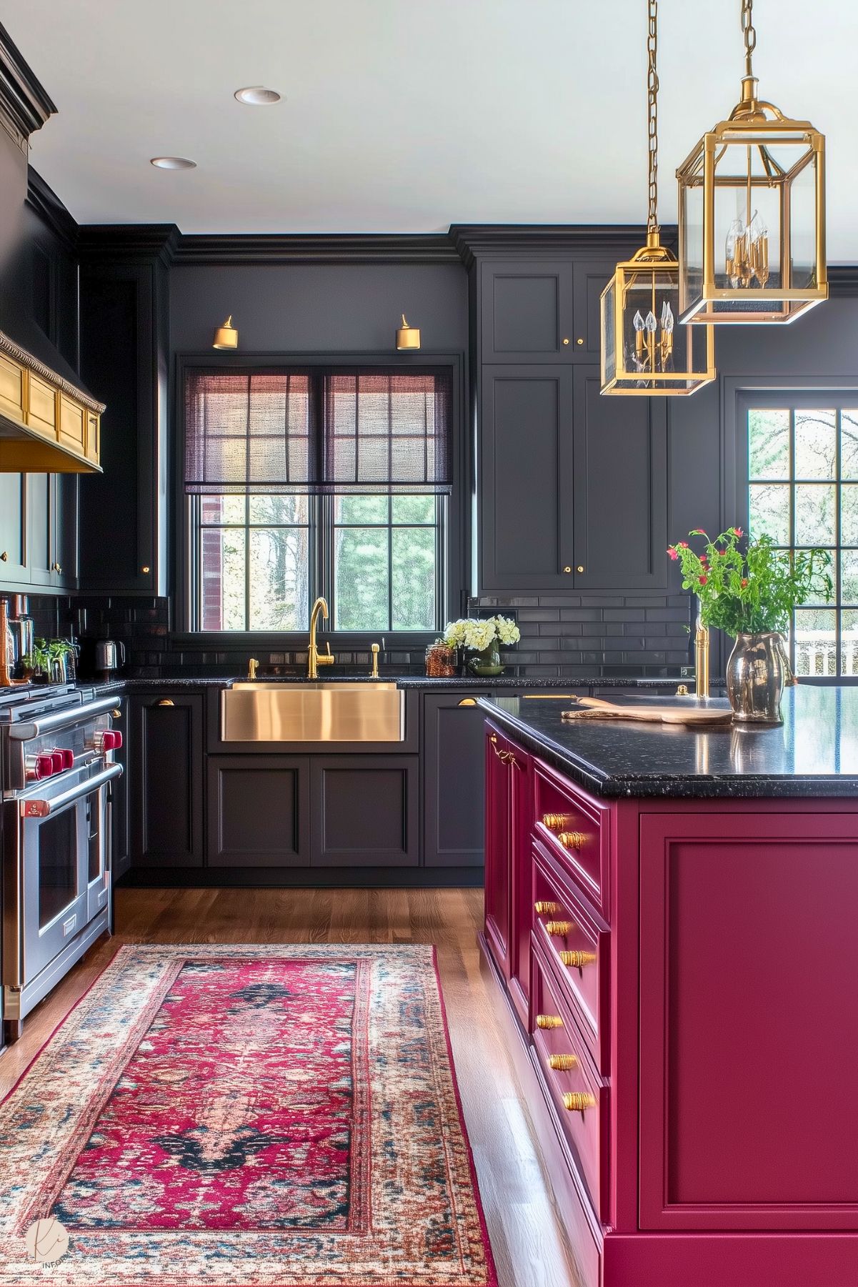 A bold kitchen with deep burgundy cabinetry on the island, accented by gold hardware and a black stone countertop. The surrounding black cabinets and backsplash provide a dramatic backdrop, while a brass farmhouse sink and matching faucet add warmth. Gold-framed pendant lights hang over the island, complementing the rich tones. A red patterned rug and large windows bring a touch of softness and natural light to the space.