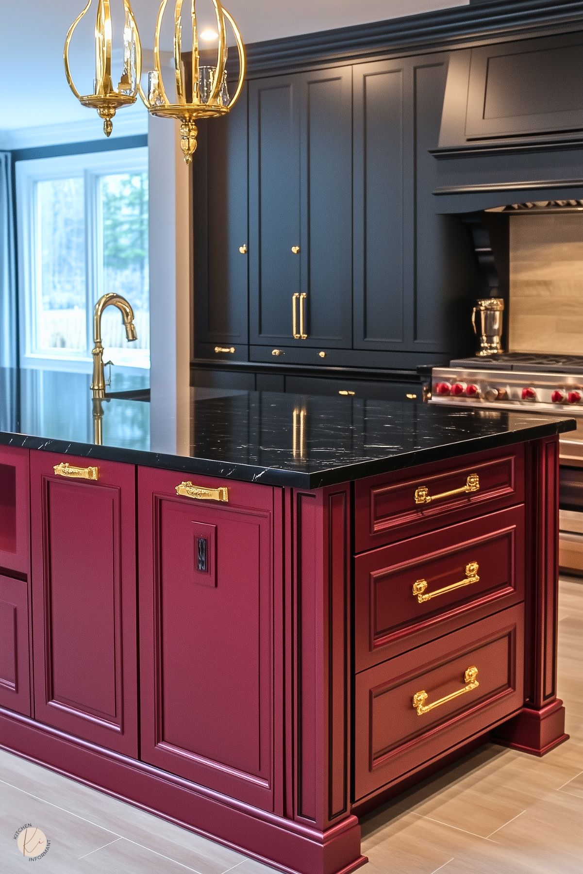 A luxurious kitchen featuring a rich burgundy island with intricate paneling, gold hardware, and a glossy black marble countertop. Above the island, elegant gold pendant lights provide a sophisticated touch. The backdrop includes matte black cabinetry with matching gold accents and a professional-grade range. Large windows allow natural light to enhance the sleek, modern aesthetic.