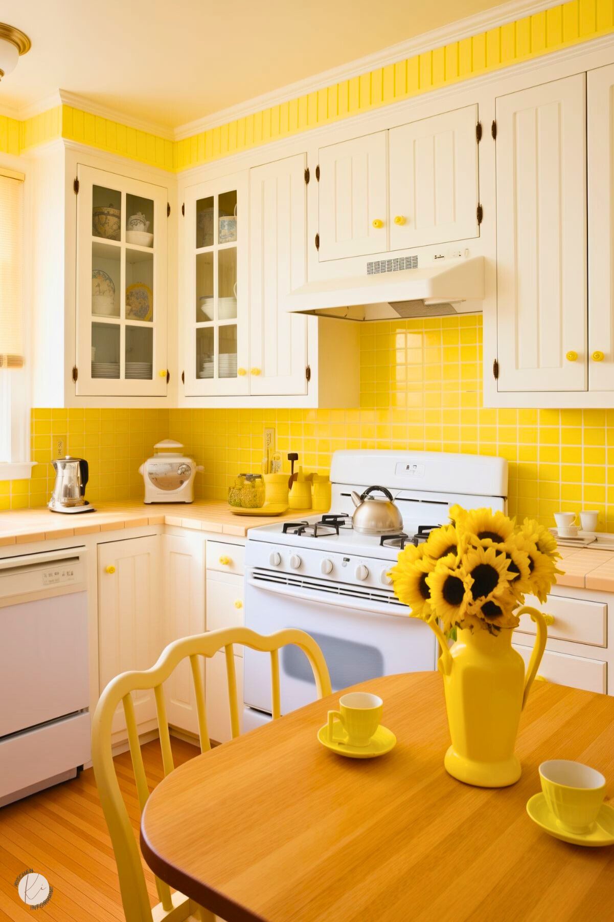 A cheerful kitchen with white cabinetry, accented by a vibrant yellow tile backsplash and matching yellow details such as knobs and accessories. The space features a white stove, bright yellow decor including a vase of sunflowers, and a wooden dining table with yellow chairs and cups. The sunny design is further enhanced by natural light streaming through the windows, creating a warm and inviting atmosphere.