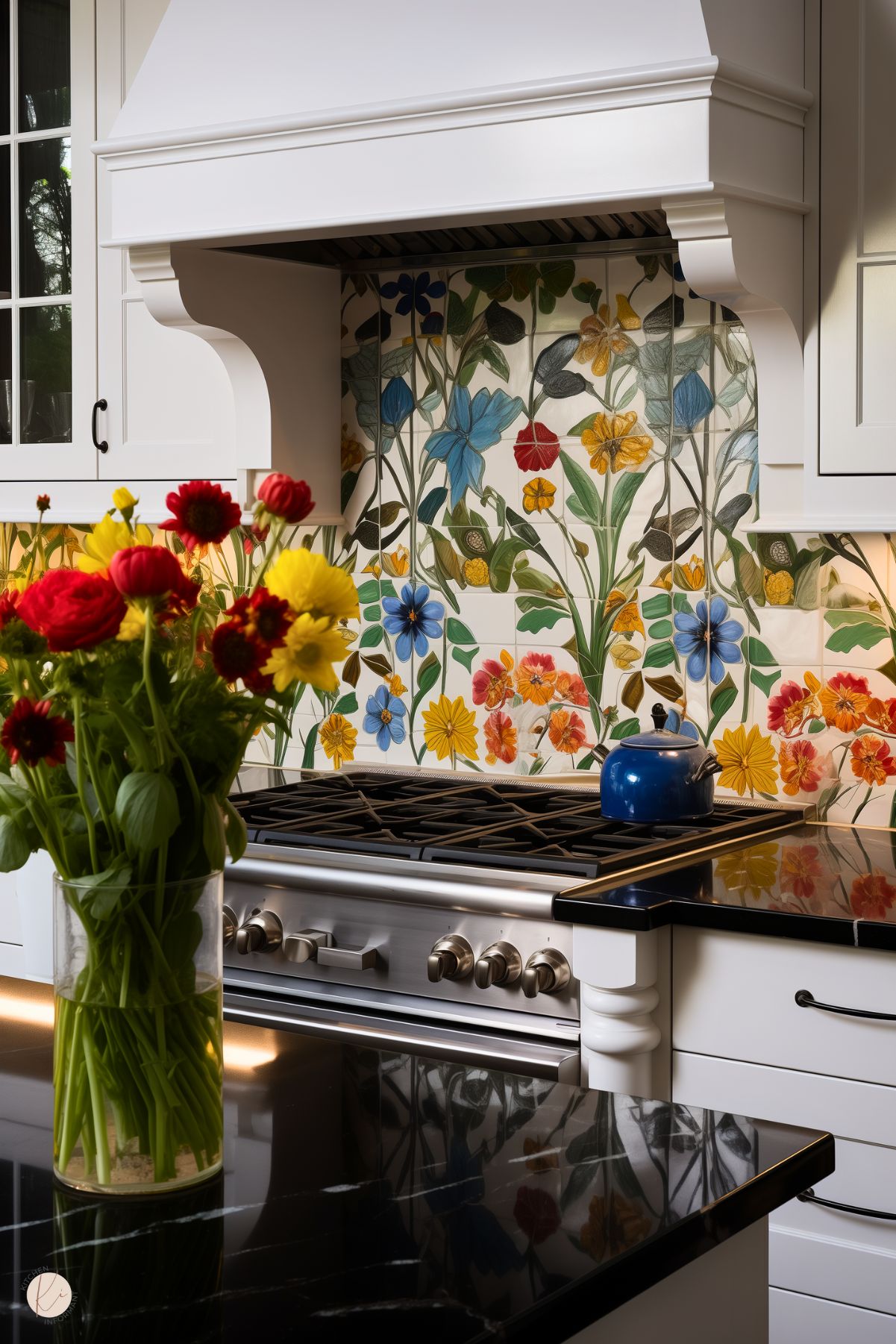 A kitchen with white cabinetry, black countertops, and a vibrant backsplash featuring a floral design in shades of blue, yellow, red, and green. The stainless steel gas range is topped with a blue kettle, and a vase of colorful flowers sits on the black island countertop, complementing the lively decor.