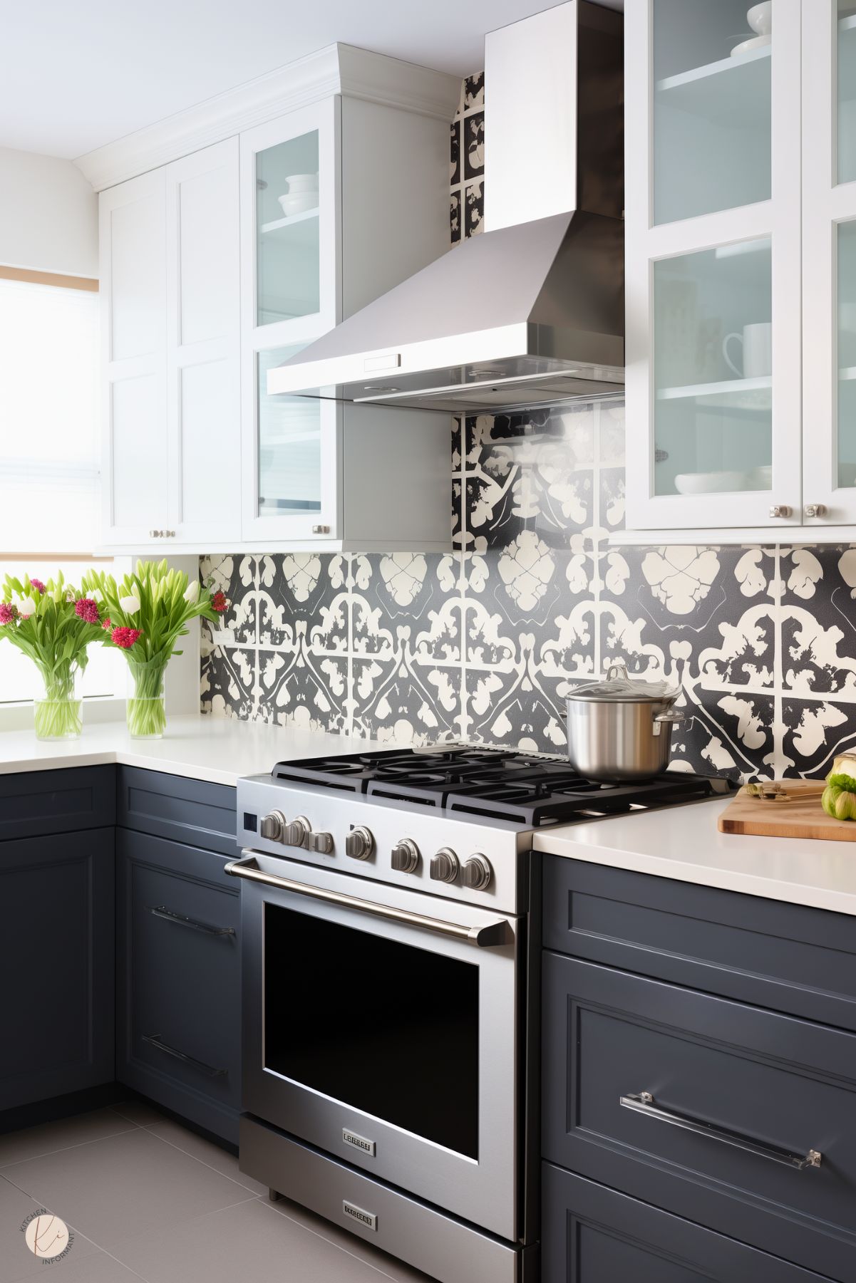 A modern kitchen with a monochrome design featuring navy lower cabinets, white upper cabinets with glass doors, and a bold black and white patterned backsplash. The stainless steel range is paired with a sleek range hood, and the white countertops are accented with fresh tulips in vases and a cutting board with vegetables.