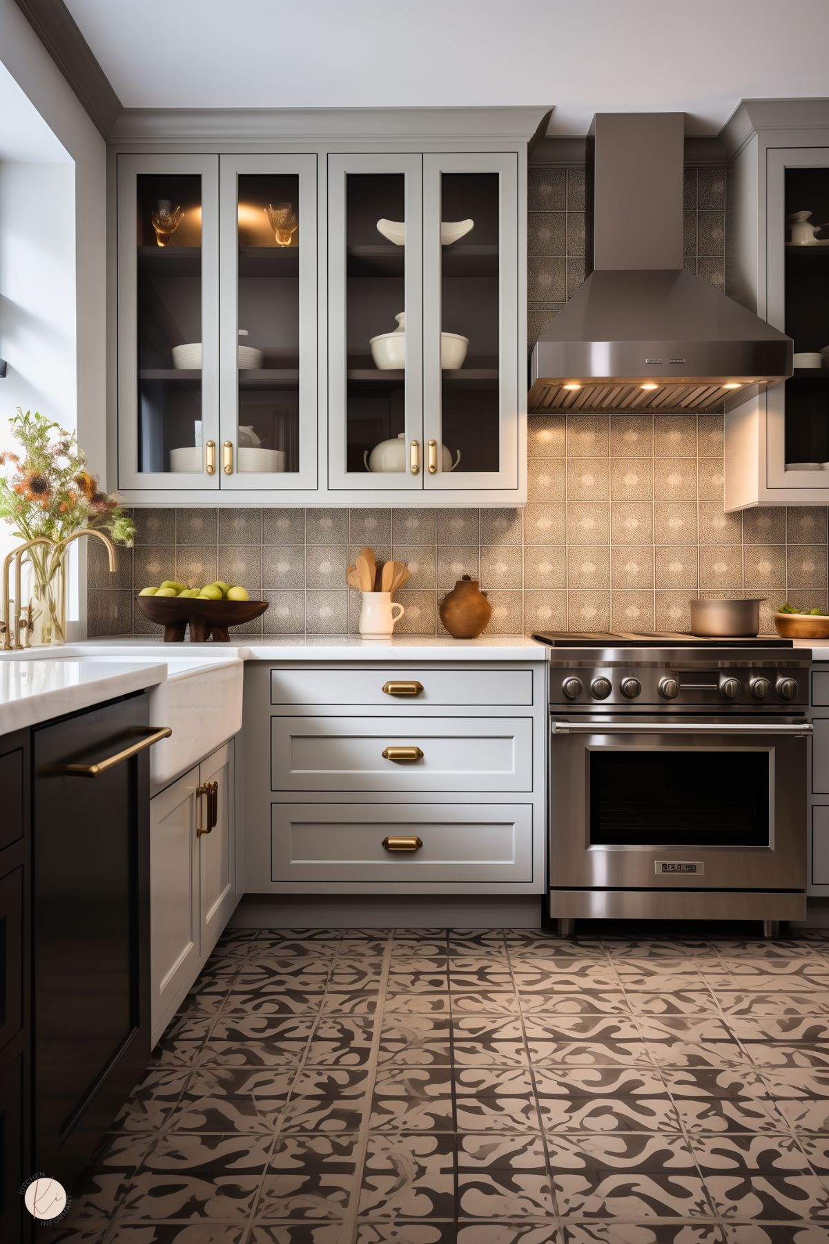 A sophisticated kitchen with light gray cabinetry featuring brass hardware, glass-front upper cabinets, and a patterned taupe backsplash. The stainless steel range is paired with a sleek hood, while the dark patterned tile flooring complements the design. The countertop displays a farmhouse sink with a brass faucet, a wooden bowl of green apples, and rustic decor accents.