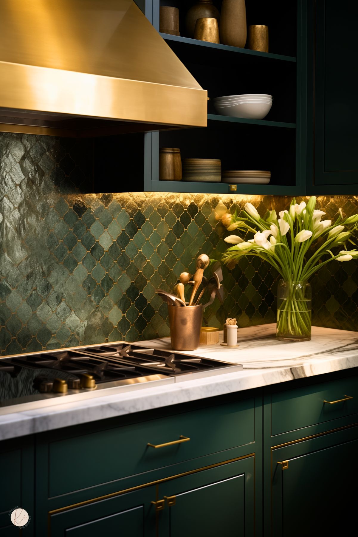 A luxurious kitchen with deep green cabinetry, brass hardware, and a shimmering emerald green tiled backsplash with a Moroccan-inspired pattern. The white marble countertop is styled with a vase of fresh white lilies and a copper utensil holder. A sleek brass range hood complements the gold accents, creating an opulent and elegant design.