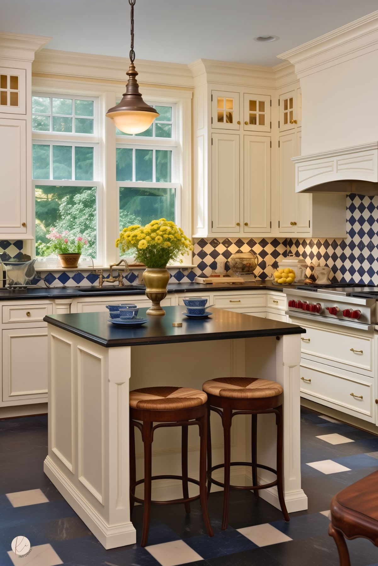 A classic kitchen with cream cabinetry, a black countertop, and a diamond-patterned blue and white backsplash. The room features a central island with a black top, wicker-seated bar stools, and a vase of yellow flowers as the centerpiece. The large windows provide natural light, complemented by a vintage-style hanging light fixture. Stainless steel appliances with red knobs complete the timeless design.