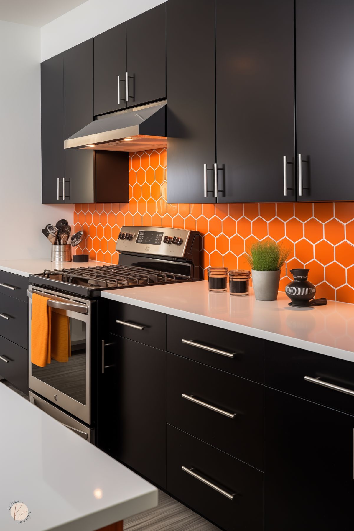 A modern kitchen with sleek black cabinetry, silver hardware, and a bold orange hexagonal tile backsplash. The bright white countertops are styled with minimalist decor, including a potted plant and black accessories. A stainless steel range with an orange towel adds a pop of coordinated color, creating a vibrant and contemporary space.