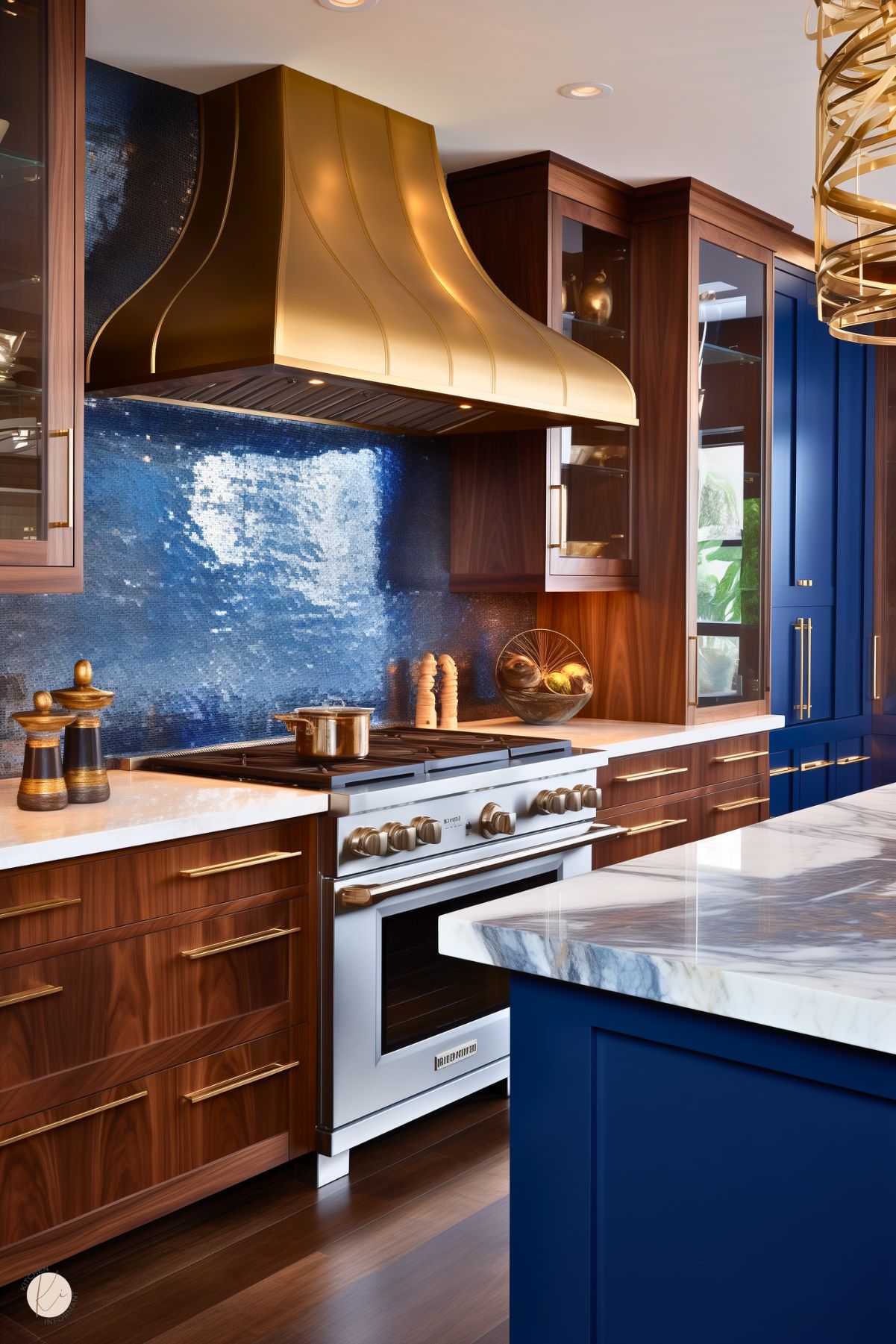 A luxurious kitchen featuring rich wood cabinetry with brass hardware, a bold blue backsplash with an abstract texture, and a large statement brass range hood. The marble countertop adds a touch of elegance, complemented by a blue island with a matching marble top. Stainless steel appliances and stylish lighting complete the modern and sophisticated design.