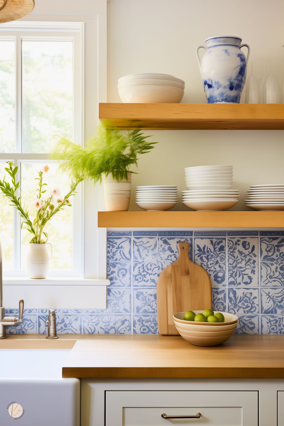 A charming kitchen corner with white cabinetry, a butcher block countertop, and a blue and white floral tile backsplash. The open wooden shelves display neatly stacked white dishes and a blue and white ceramic vase. The countertop is styled with a wooden cutting board, a bowl of limes, and potted greenery, while natural light streams through a nearby window adorned with fresh flowers in a simple vase.