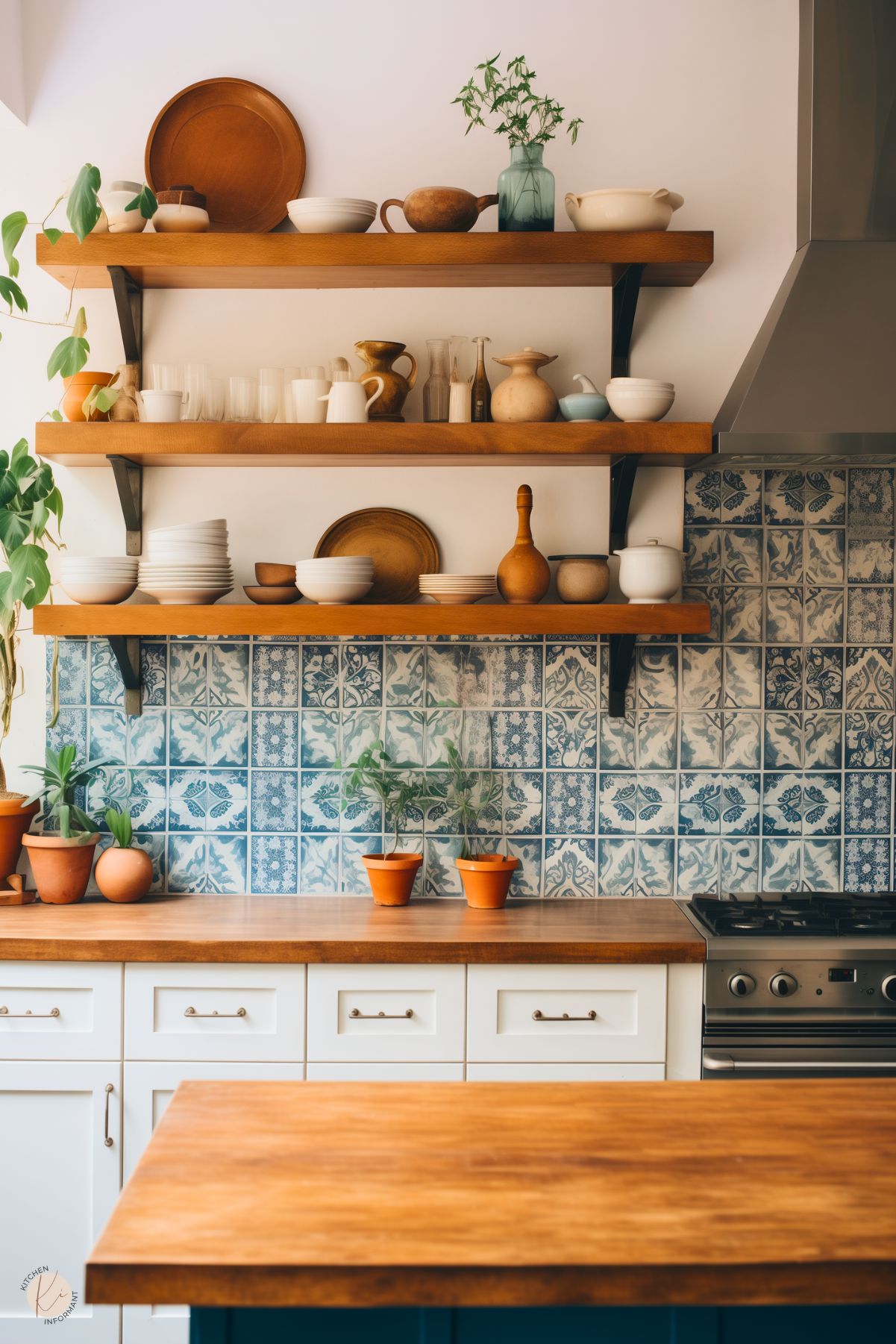 A rustic kitchen with open wooden shelves displaying a variety of ceramic dishes, glassware, and decor in earthy tones. The blue and white patterned tile backsplash adds a vintage charm, while terracotta potted plants bring a touch of greenery to the warm wood countertops. White cabinetry with brass hardware complements the natural and cozy design, with a stainless steel stove adding a modern touch.