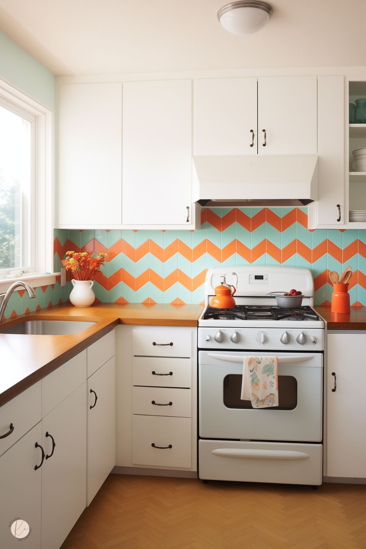 A retro-inspired kitchen with white cabinetry, wood countertops, and a bold chevron backsplash in orange and teal. The space features a white stove with an orange kettle, matching orange accents like a vase and utensil holder, and a cozy corner sink area. The bright design is complemented by a sunny window and light aqua walls, creating a cheerful and inviting atmosphere.