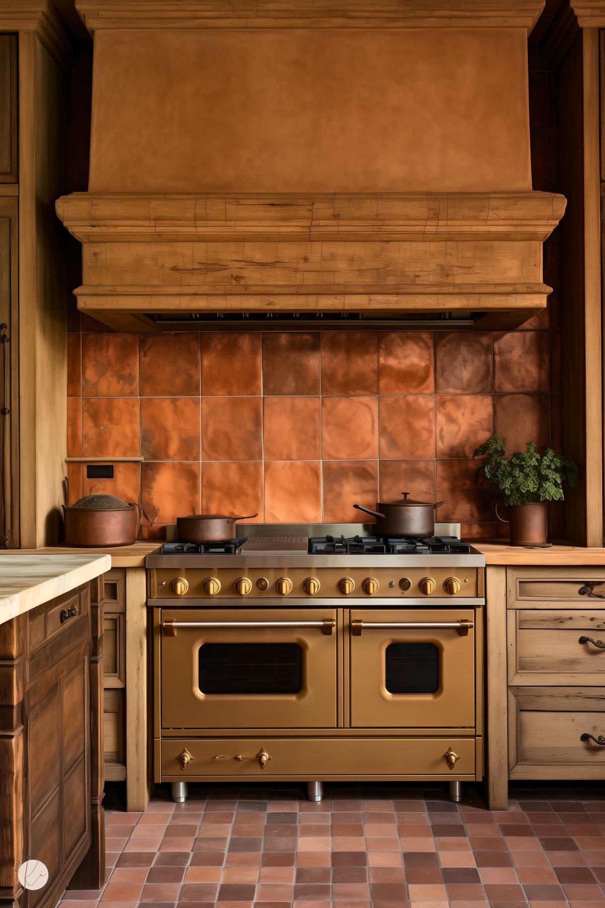 A rustic kitchen with warm wood cabinetry, a copper backsplash, and a matching copper-tinted professional-grade range with brass accents. The countertop displays copper cookware and a potted green plant, while the terracotta tile flooring enhances the earthy, cohesive design. The large wooden hood adds a bold, traditional element to the space.