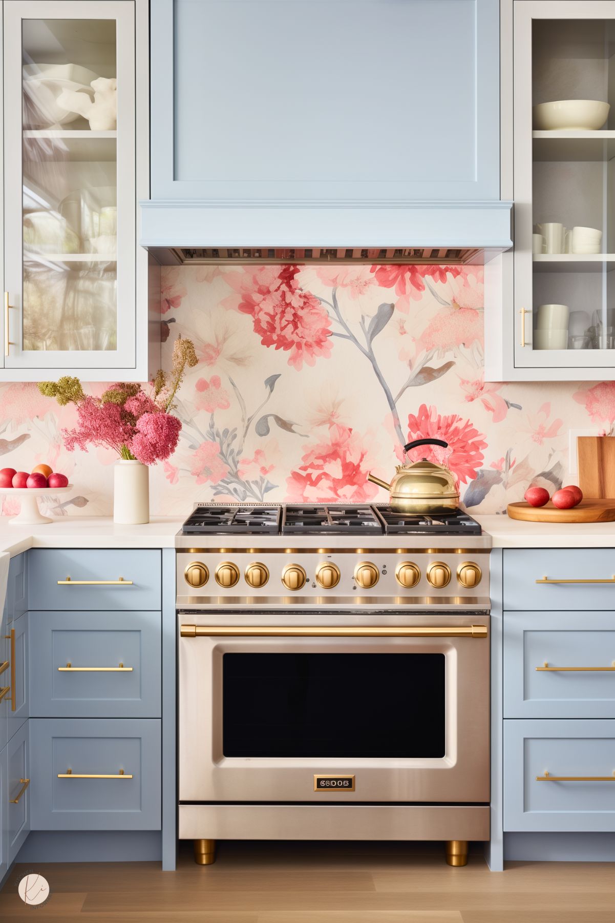 A kitchen featuring powder blue cabinets with brass hardware, a stainless steel and brass gas range with matching knobs, and a floral backsplash in shades of pink and gray. The countertop is white, styled with a vase of pink flowers, a gold kettle, and a wooden tray with red apples.