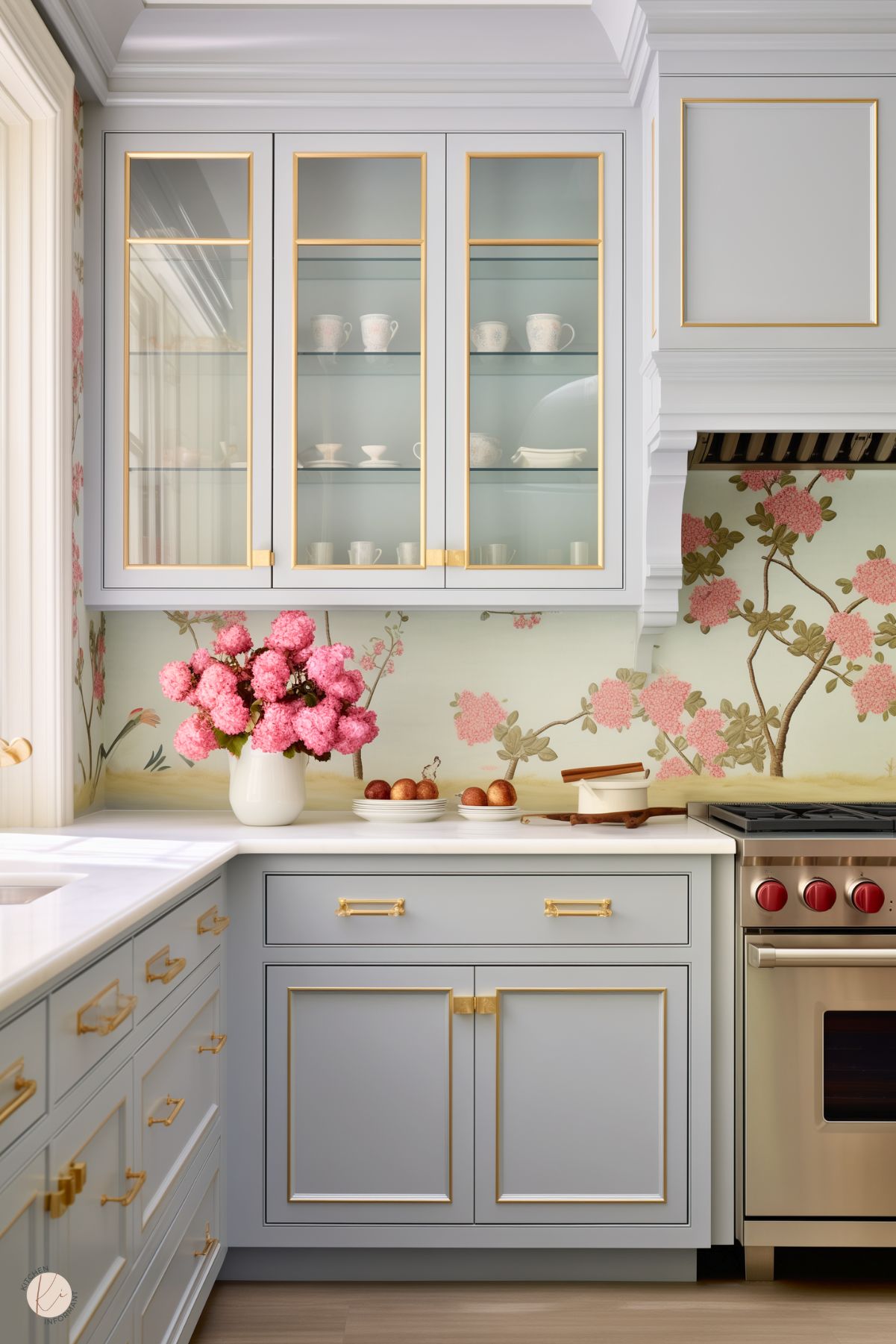 A luxurious kitchen with soft gray cabinetry adorned with gold trim and hardware, glass-front upper cabinets, and a delicate floral backsplash featuring pink blossoms on a light green background. The white countertop is styled with a vase of vibrant pink hydrangeas, a plate of fresh fruit, and elegant decor, while a stainless steel range with red knobs adds a modern touch.