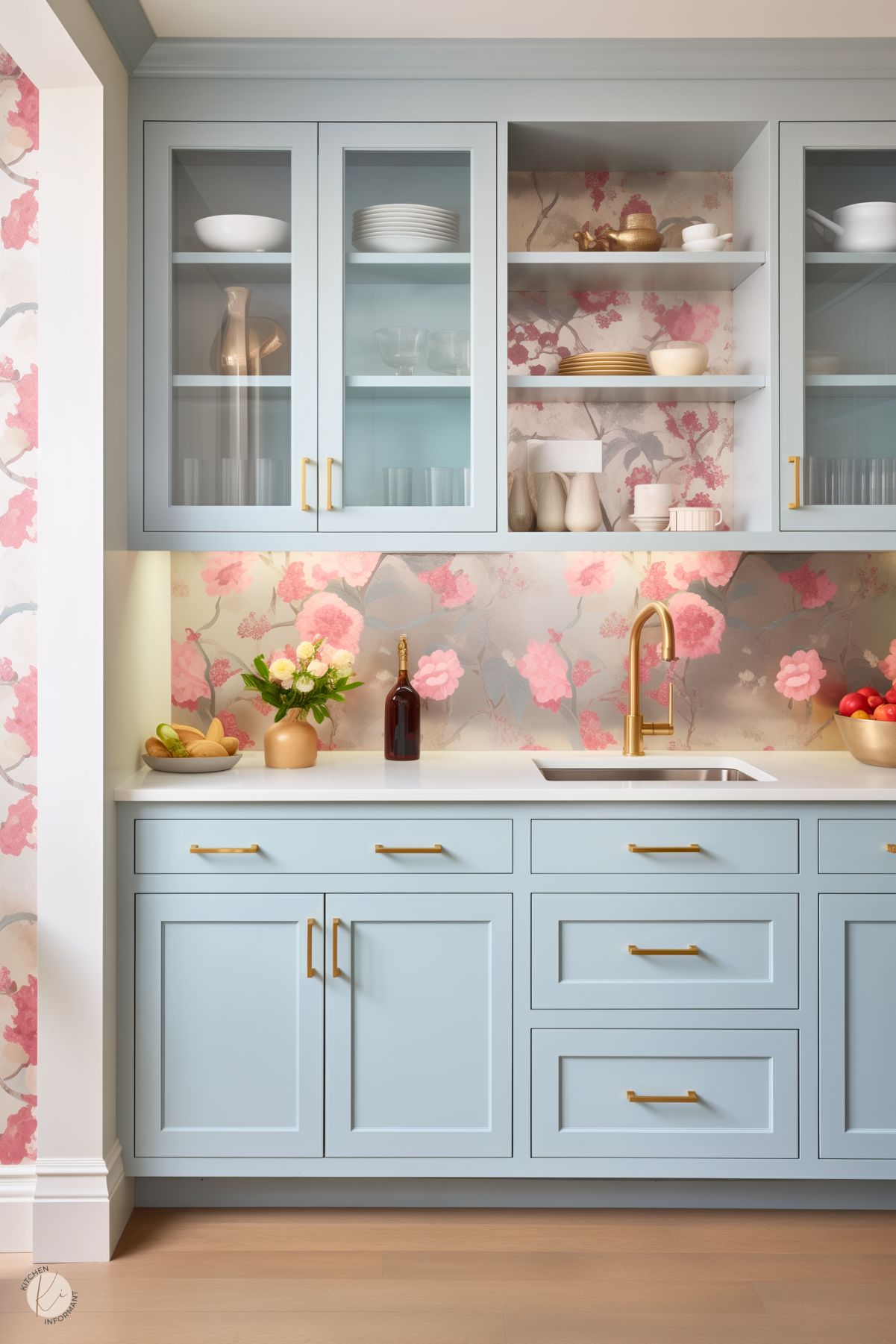 A kitchen with soft blue cabinetry, brass hardware, and glass-front upper cabinets. The backsplash features a pink floral pattern, adding a vibrant touch to the space. The white countertop is accented with a brass faucet, a vase of fresh flowers, a bowl of fruit, and decorative ceramics, creating a bright and elegant design.