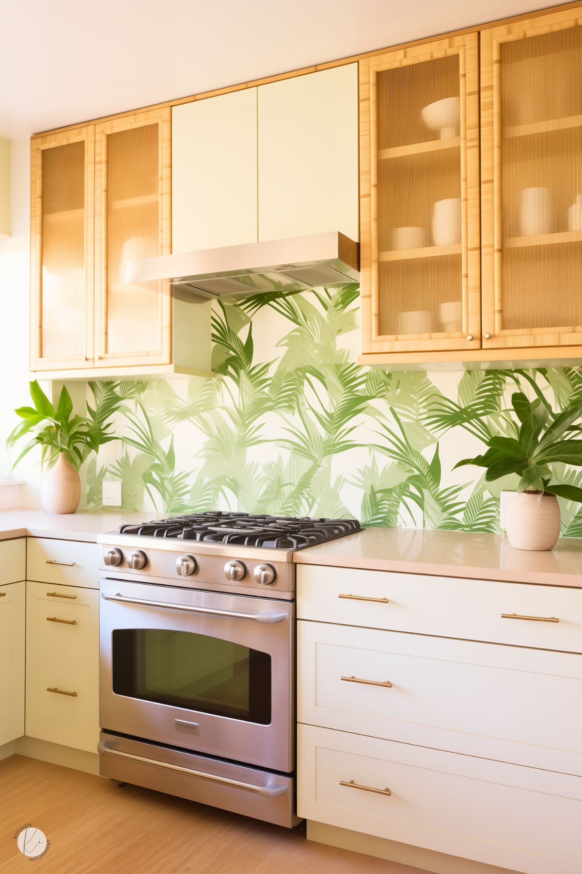 A bright and tropical-inspired kitchen featuring cream cabinetry with bamboo accents, gold hardware, and a vibrant green palm leaf-patterned backsplash. The stainless steel range is flanked by potted plants in simple vases, enhancing the fresh, natural aesthetic. Light wood floors and soft natural light complete the airy, inviting design.