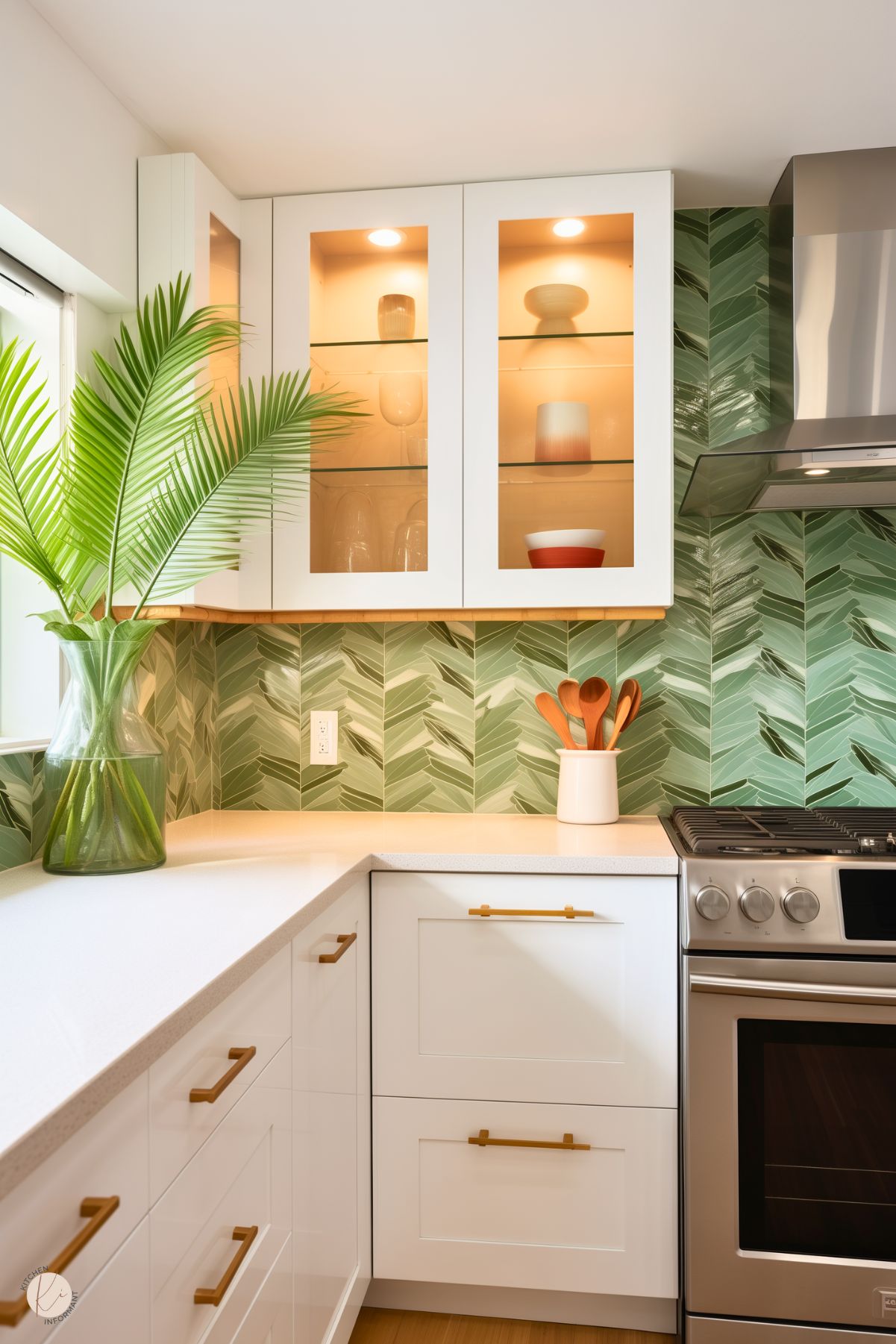 A contemporary kitchen with white cabinetry, brass hardware, and a bold green chevron-patterned backsplash. The countertop is clean and white, styled with a vase holding a large palm frond, a ceramic utensil holder, and glass-front cabinets with warm interior lighting. A stainless steel range and hood complete the modern design.