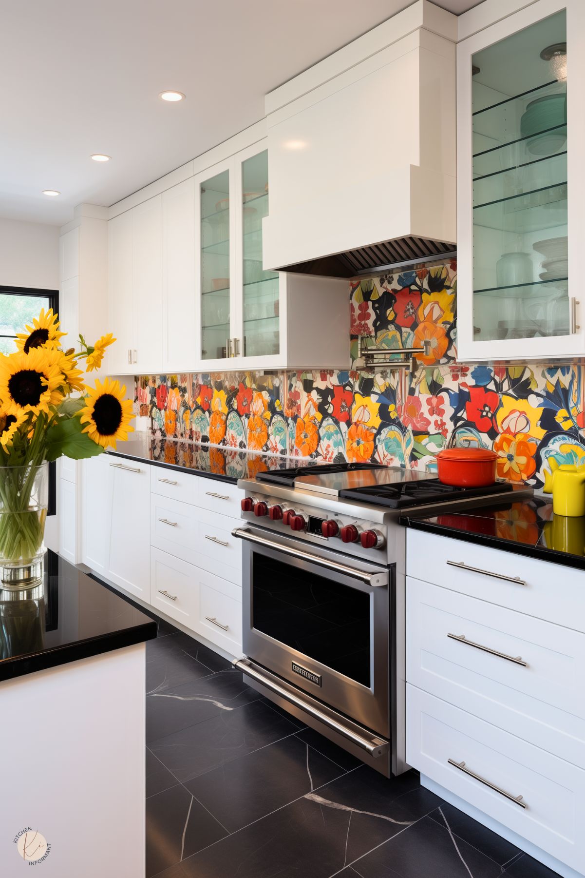 A vibrant kitchen with white cabinetry, black countertops, and a striking multicolored floral backsplash in bold hues of orange, red, blue, and yellow. The stainless steel range with red knobs is paired with a bright yellow kettle and a red pot, complementing the backsplash. A vase of fresh sunflowers on the black island adds a cheerful touch to the modern and lively design.