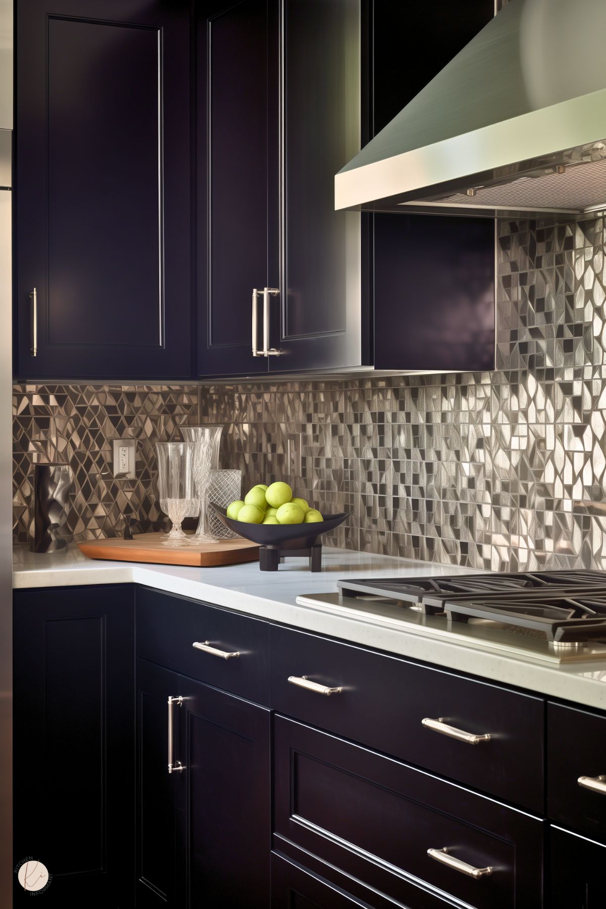 A sleek and modern kitchen with deep navy cabinetry, silver hardware, and a geometric metallic backsplash. The white countertop is styled with a black bowl of green apples, a wooden tray, and decorative glassware. A stainless steel range hood and stove add to the polished, contemporary aesthetic.