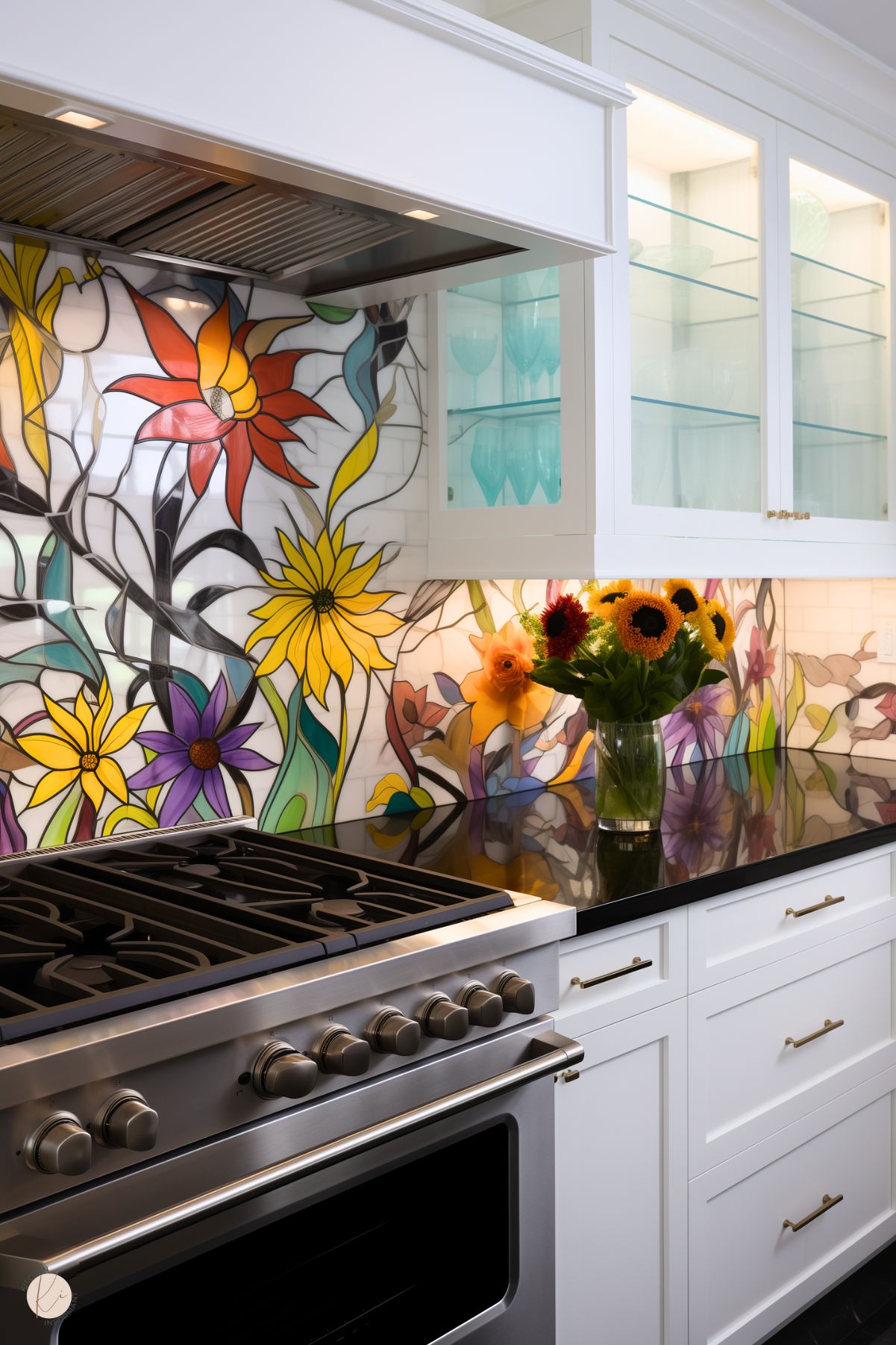 A bright and artistic kitchen with white cabinetry, brass hardware, and a striking stained glass-style backsplash featuring colorful floral patterns in red, yellow, purple, and green. The sleek black countertops contrast with the vibrant design, accented by a vase of fresh sunflowers and a stainless steel range.