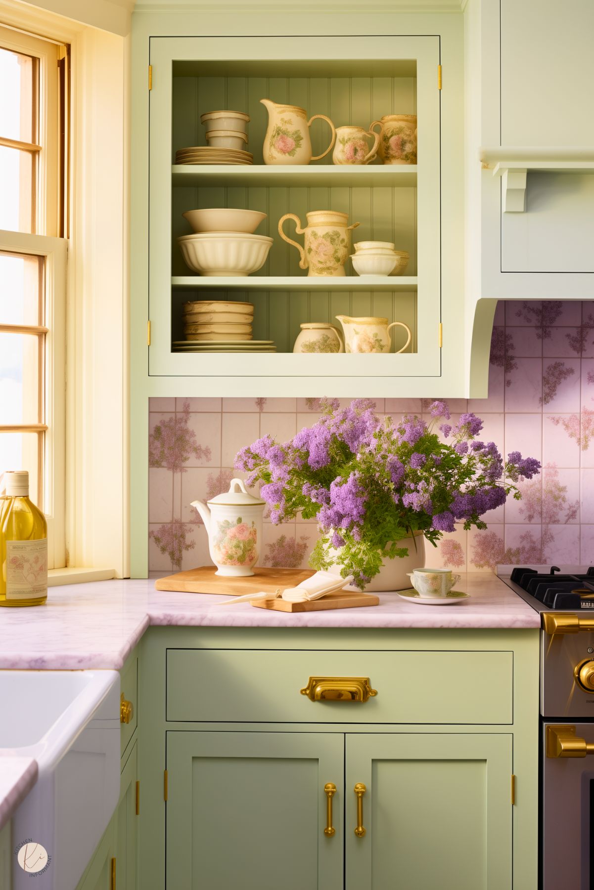 A kitchen with soft green cabinetry featuring brass hardware, open shelving displaying vintage floral dishware, and a backsplash with a delicate lavender floral pattern. The light marble countertop is styled with a teapot, a cutting board, and a vase of fresh purple flowers, complemented by natural light streaming through a nearby window.