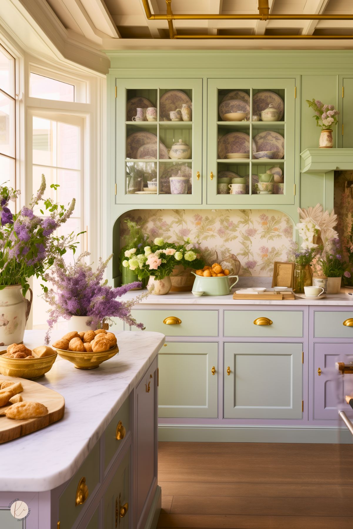 A charming and elegant kitchen with pastel green cabinetry, gold hardware, and a floral-patterned backsplash. Glass-front cabinets showcase delicate purple and cream dishware, while the marble countertops are adorned with fresh flowers, pastries, and vintage-inspired decor. The soft natural light from large windows enhances the inviting and cozy atmosphere.