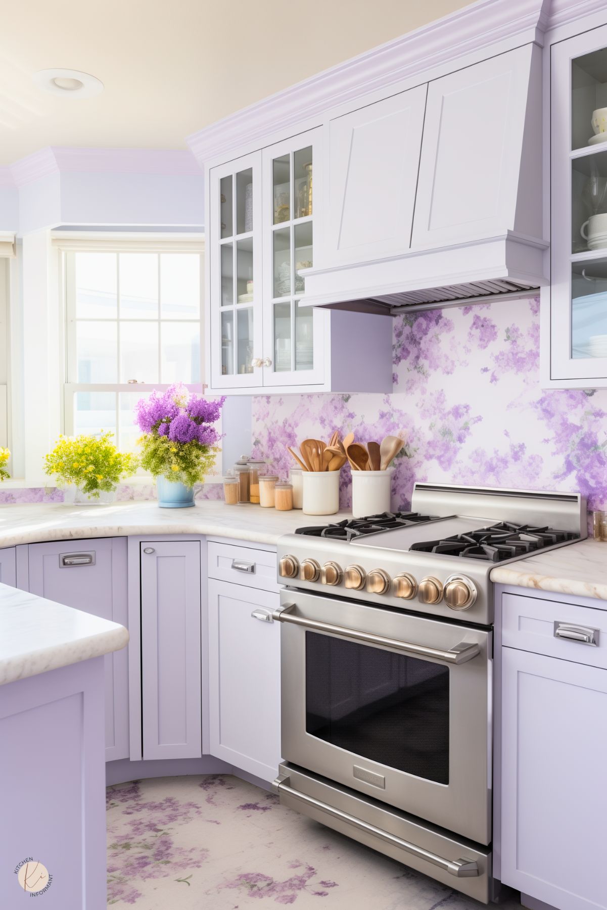 A charming kitchen with lavender cabinetry, white marble countertops, and a delicate lilac floral-patterned backsplash. The space features a stainless steel range with brass accents, glass-front upper cabinets, and decorative touches like vases of fresh purple and yellow flowers, along with ceramic containers holding wooden utensils, creating a soft and elegant aesthetic.