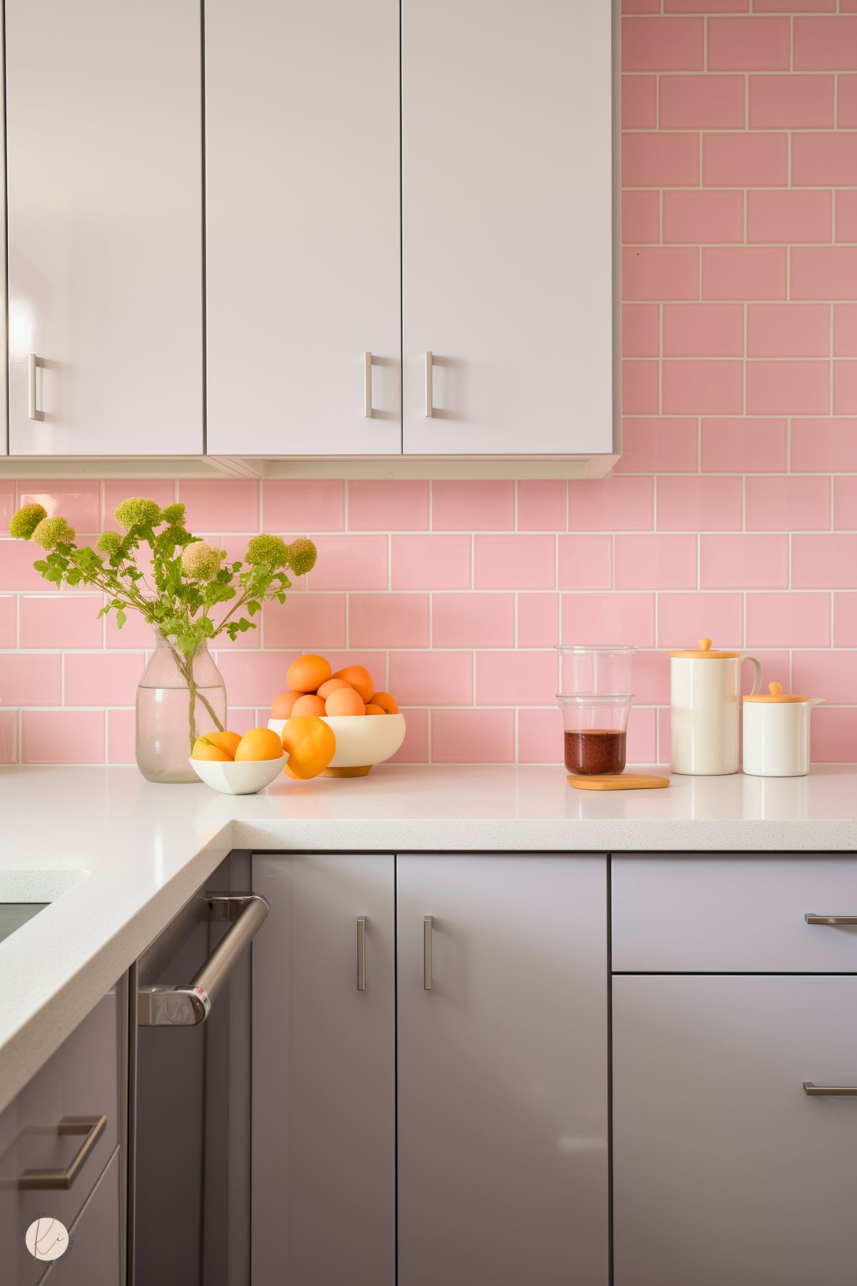 A modern kitchen with glossy gray cabinetry, silver hardware, and a playful pink subway tile backsplash. The white countertop is decorated with a vase of green flowers, bowls of fresh oranges, and sleek white containers with yellow accents. The cheerful design blends soft colors with clean, minimalist lines for a bright and inviting space.