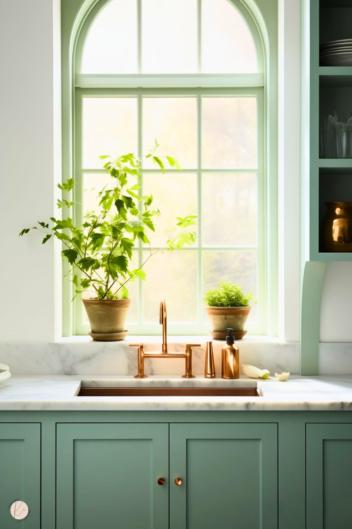 A serene kitchen with sage green cabinetry and a white marble countertop, centered around an arched window that lets in soft natural light. The copper gooseneck faucet and sink add warmth, while potted greenery on the windowsill brings a fresh, organic touch. Minimalist decor and a clean design create a bright and peaceful atmosphere, blending elegance and nature.