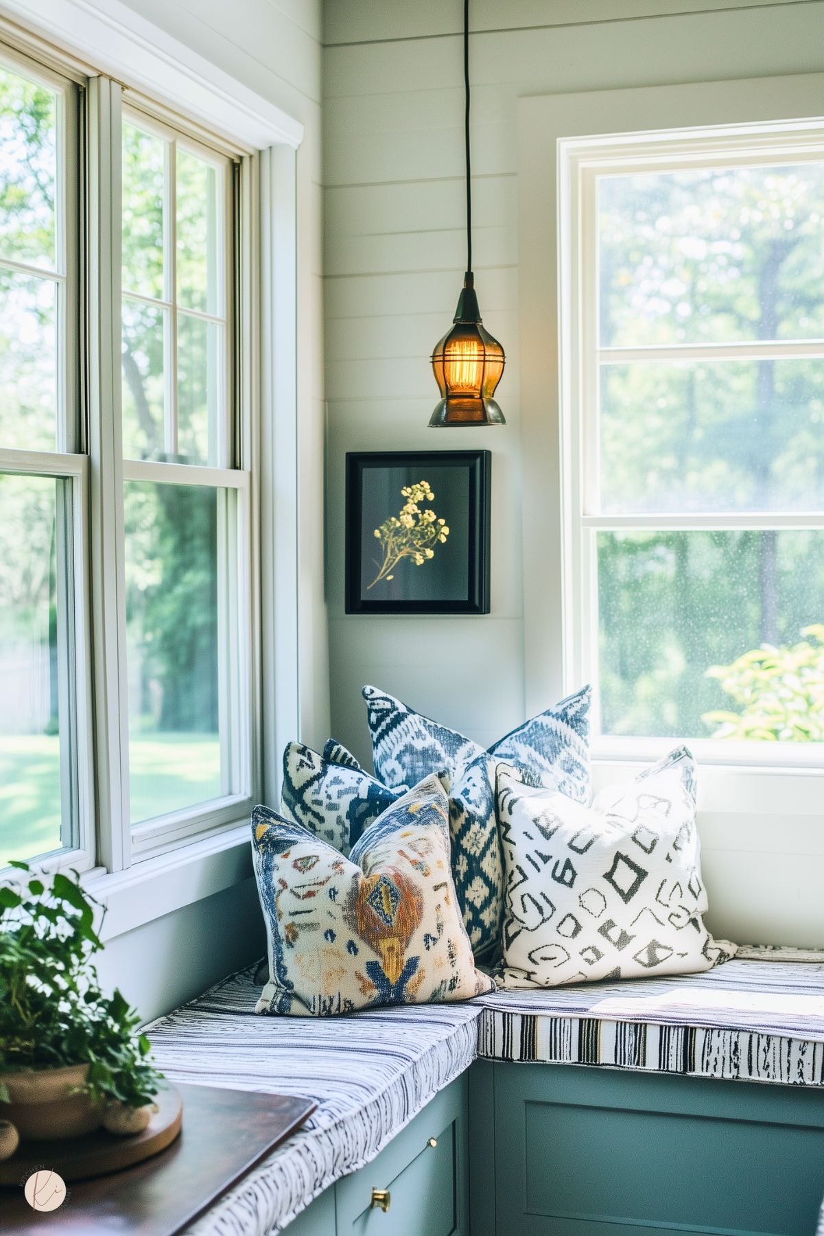 A cozy kitchen nook with a built-in bench seat featuring blue and white patterned cushions and pillows in various ikat designs. The wall has light shiplap paneling, adorned with a small botanical artwork in a black frame. A warm-toned pendant light hangs above, and sunlight streams through the surrounding windows, offering a view of a green backyard. A small potted plant sits on a nearby wooden table.