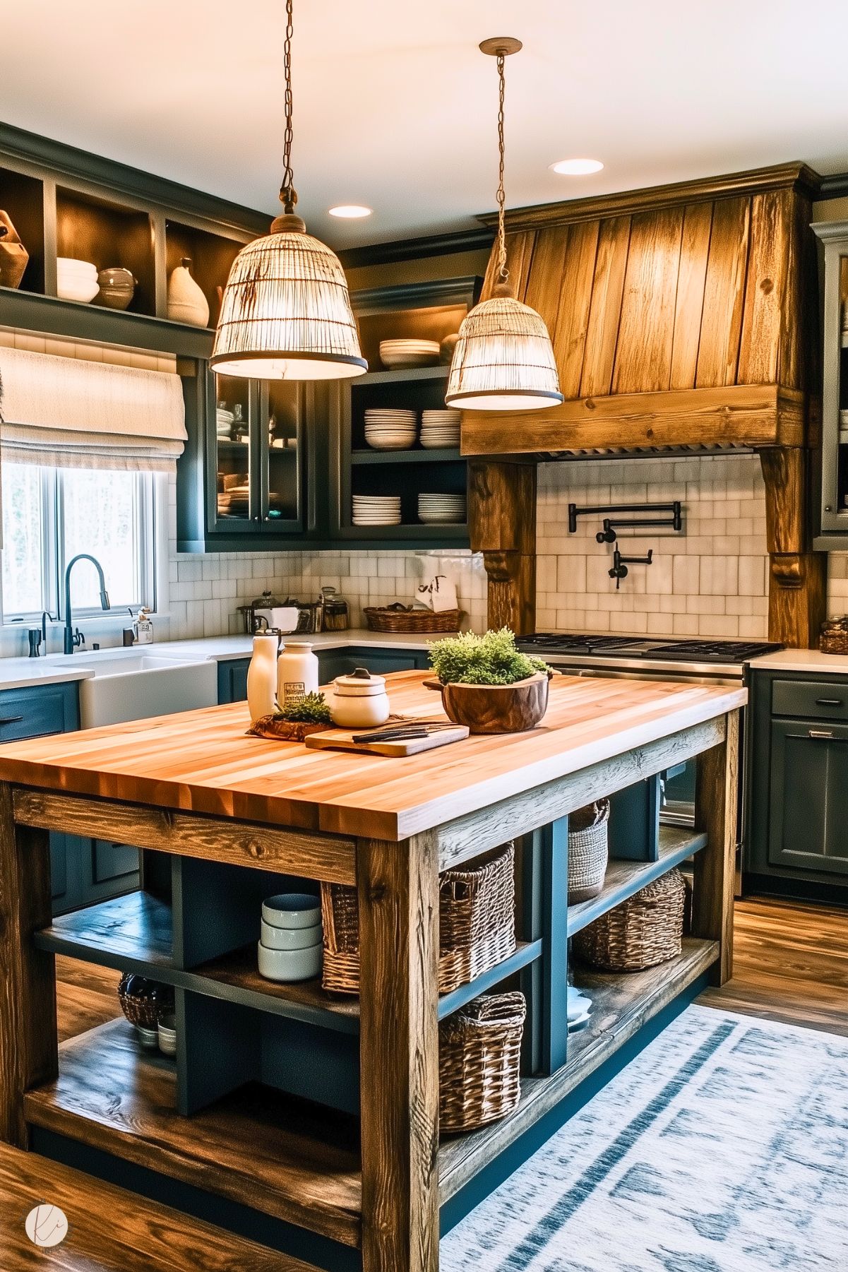 A rustic farmhouse kitchen featuring a large wooden island with an open shelf design and woven baskets for storage. The island has a butcher block countertop with simple decor, including a plant and ceramic jars. Dark cabinetry complements the wooden range hood, and white subway tile backsplash adds a clean, classic touch. Two woven pendant lights hang above, while a farmhouse sink and a large window bring in natural light. A soft area rug adds warmth to the space.