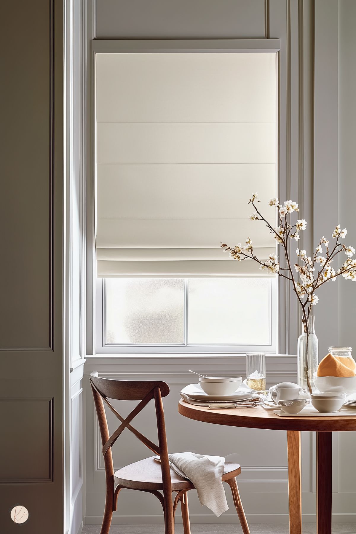 A minimalist breakfast nook with a small round wooden table set for a meal, including white dishes, a glass pitcher of orange juice, and a linen napkin draped over a wooden chair. A tall vase with blooming branches adds an elegant touch. The window features a cream-colored Roman shade, framed by clean, neutral walls with subtle molding, creating a serene and refined atmosphere.