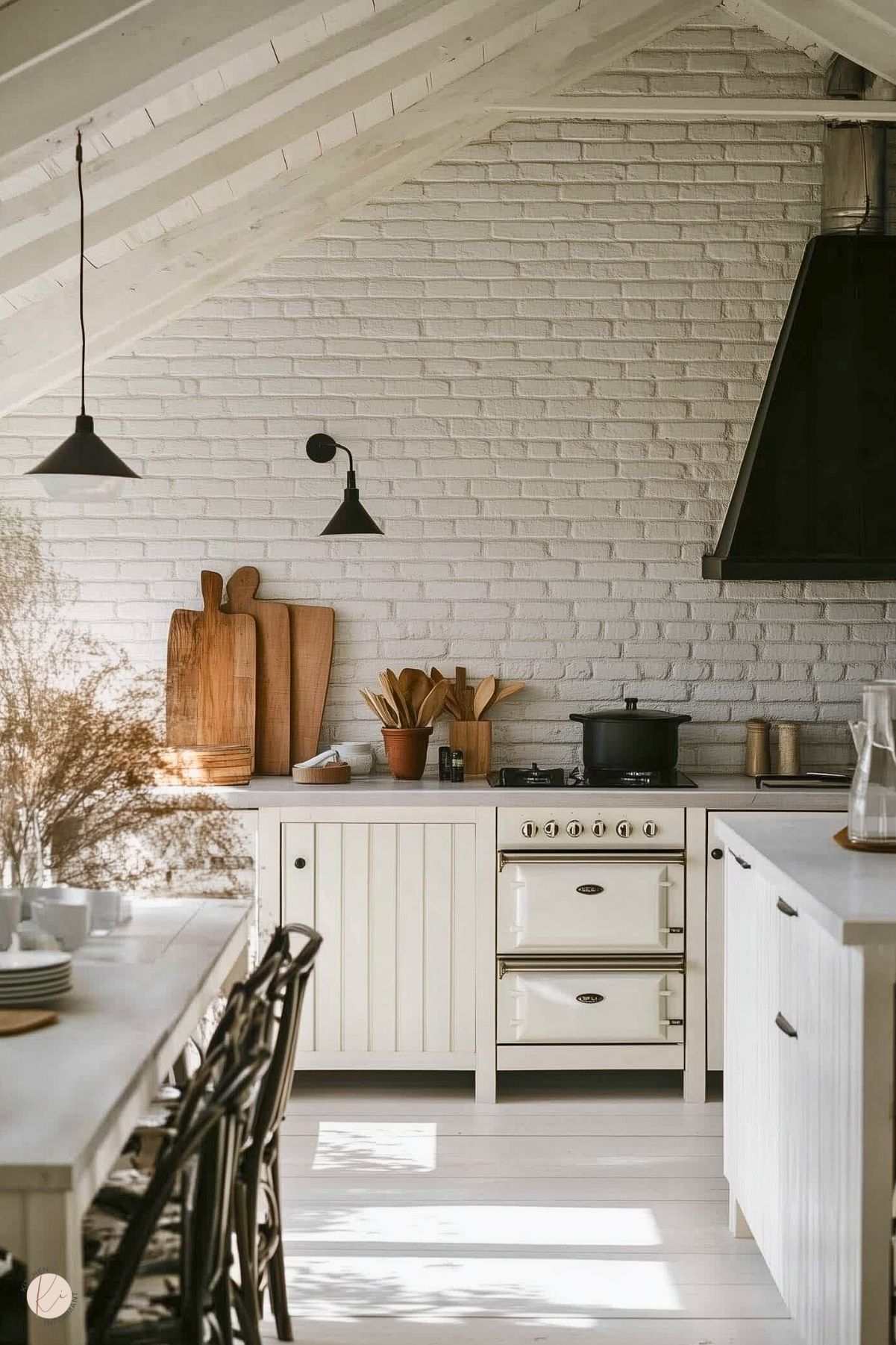 A bright, rustic kitchen with a white brick wall and vaulted ceiling. The space features a cream vintage-style range, a sleek black range hood, and minimalist black light fixtures. Wooden cutting boards and utensil holders add warmth, while a light-filled dining area with a white table and black chairs extends into the foreground. Natural textures, such as dried plants, enhance the cozy, organic feel of the design.